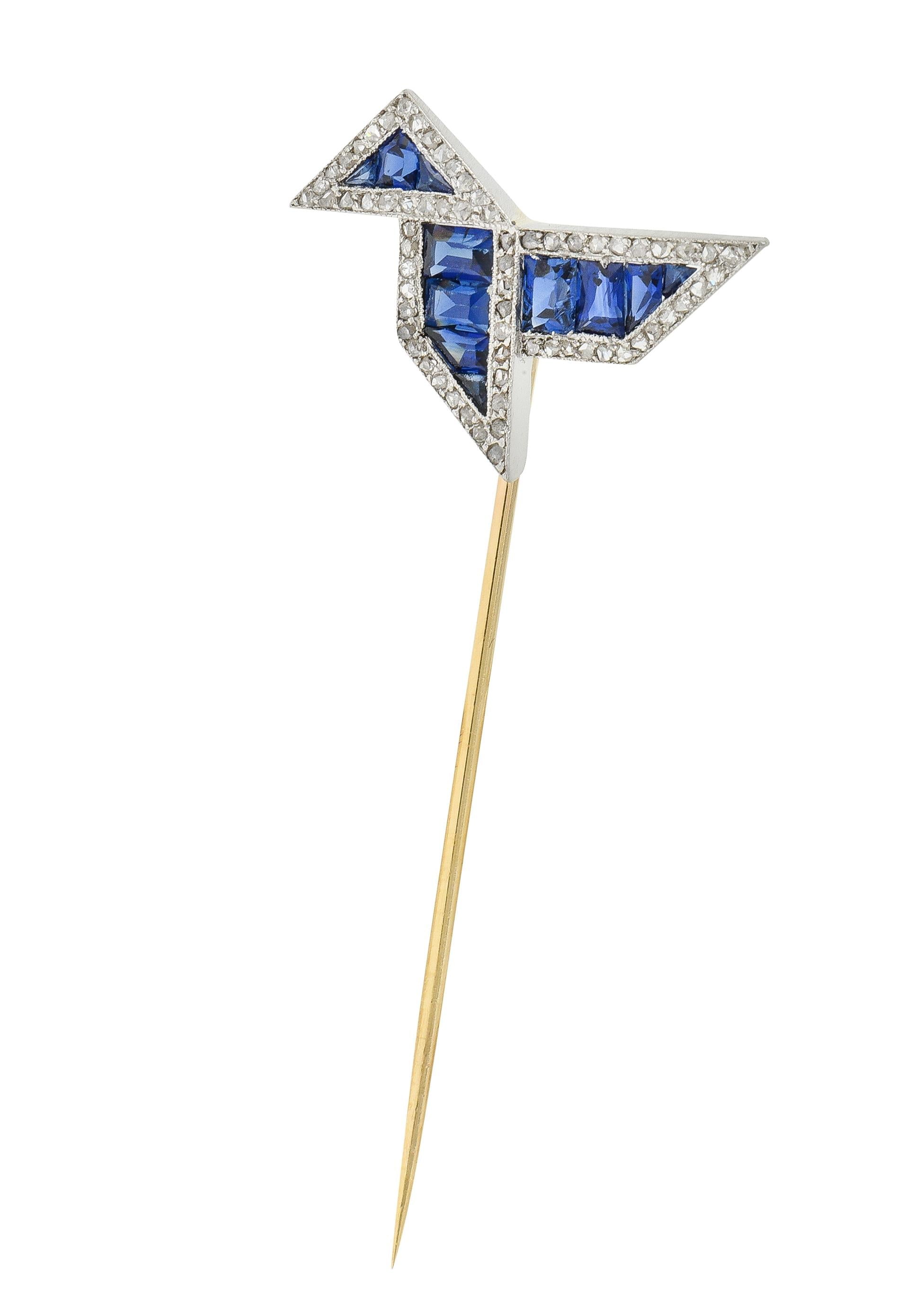 Art Deco 2.34 CTW Sapphire Diamond Platinum 14 Karat Gold Origami Bird Stickpin