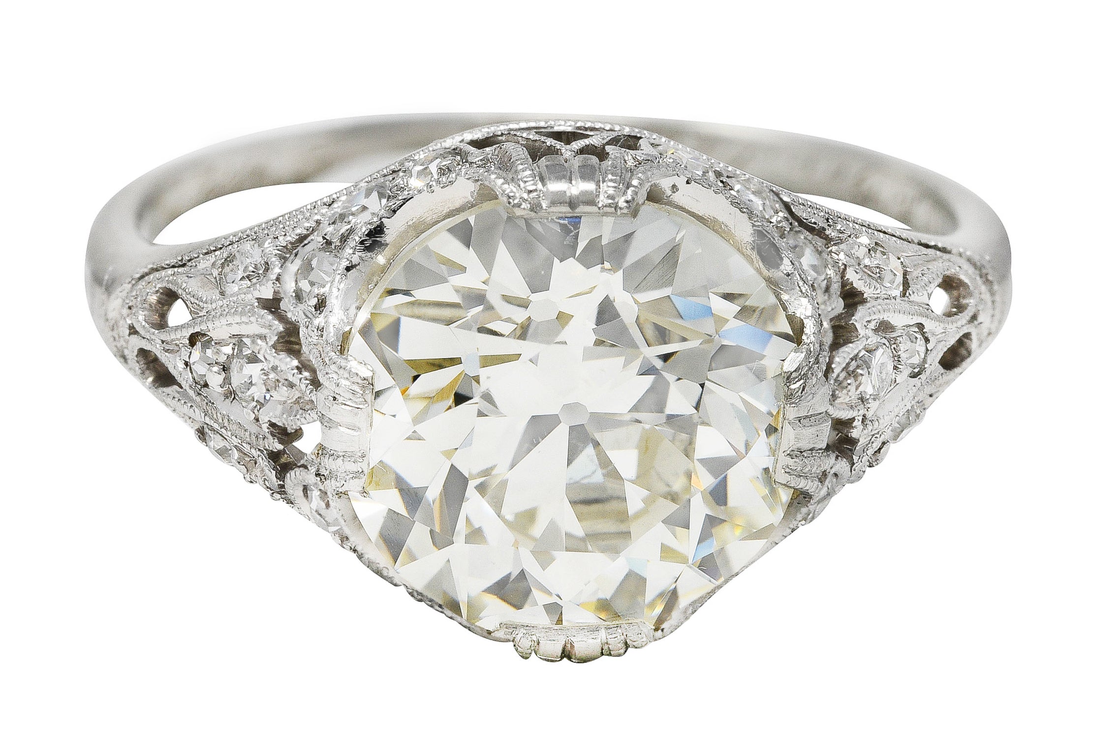 Edwardian 3.36 CTW Old European Cut Diamond Platinum Foliate Engagement Ring GIA Wilson's Estate Jewelry