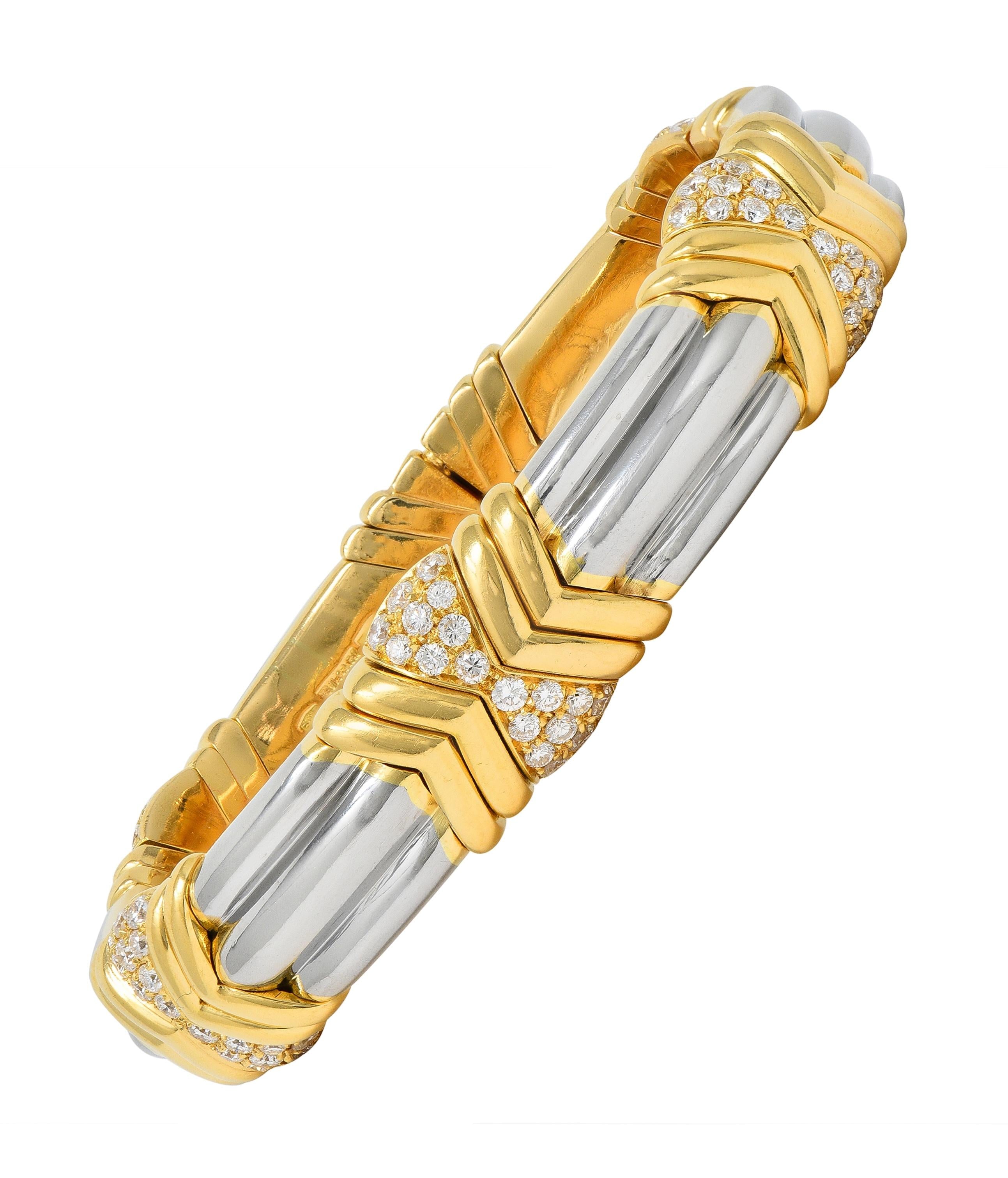 Bulgari 2.60 CTW Diamond 18 Karat Yellow Gold Steel Vintage Cuff Bracelet