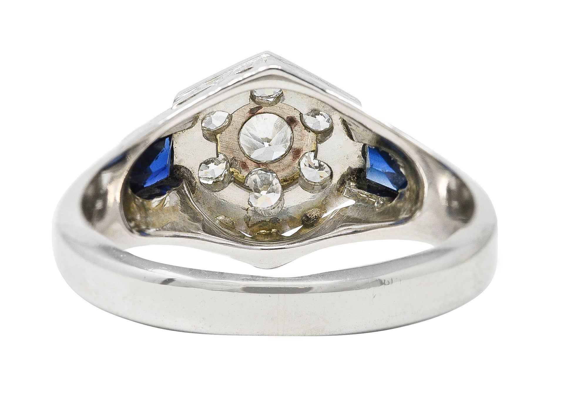 Art Deco 0.45 CTW Old European Sapphire 20 Karat White Gold Foliate Cluster Unisex Signet Ring Wilson's Estate Jewelry