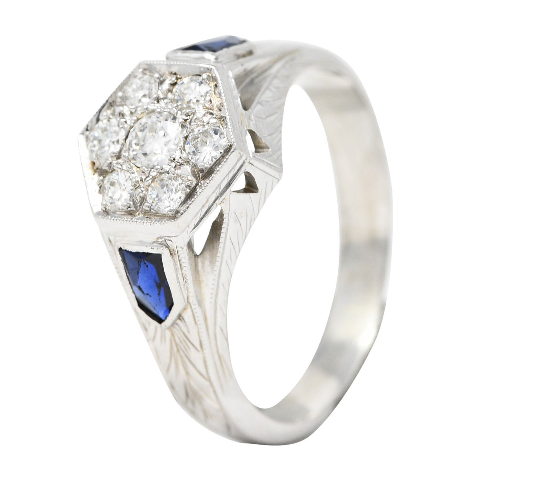 Art Deco 0.45 CTW Old European Sapphire 20 Karat White Gold Foliate Cluster Unisex Signet Ring Wilson's Estate Jewelry