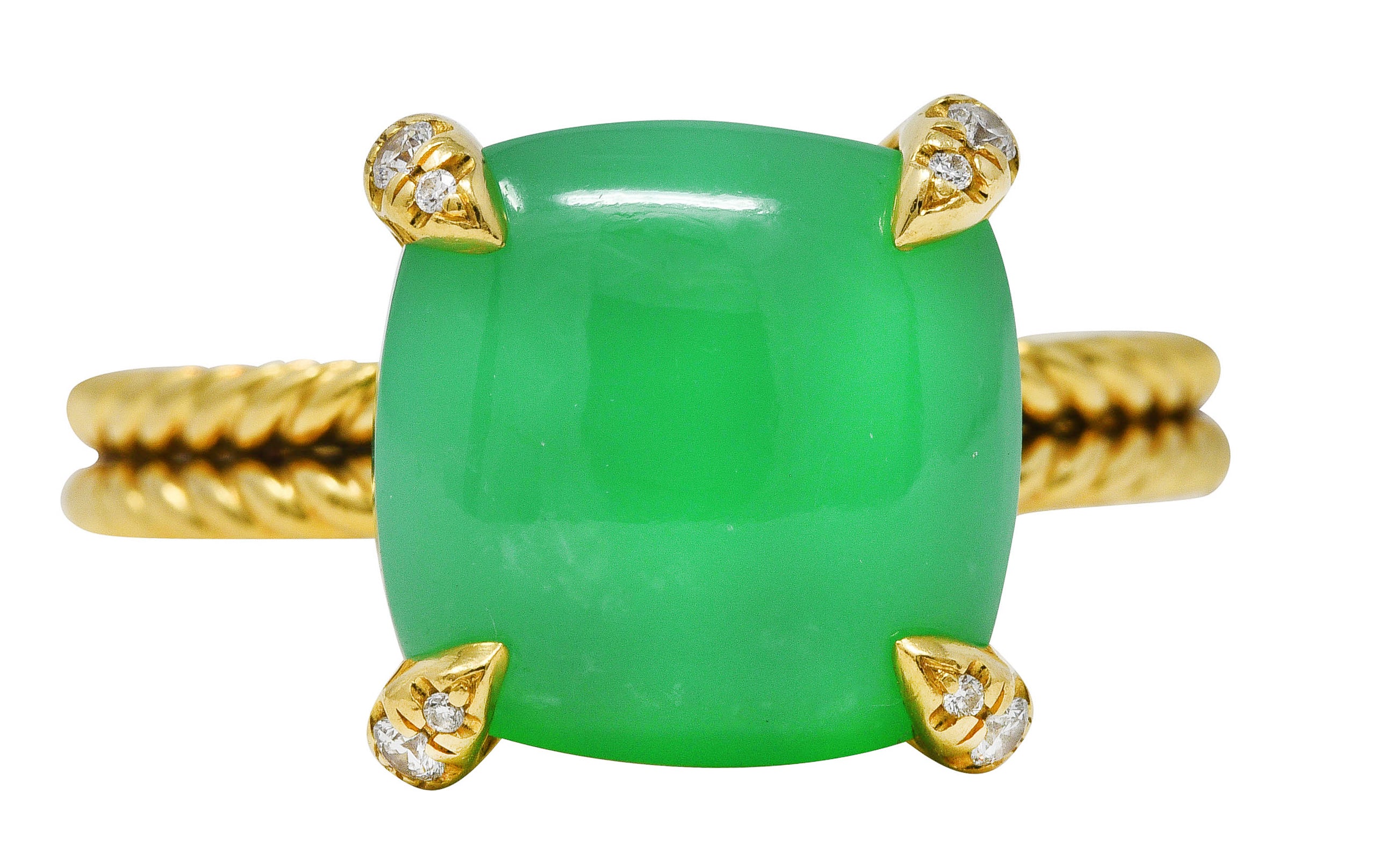 David Yurman Chrysoprase Cabochon Diamond 18 Karat Yellow Gold Chatelaine Gemstone Ring Wilson's Estate Jewelry