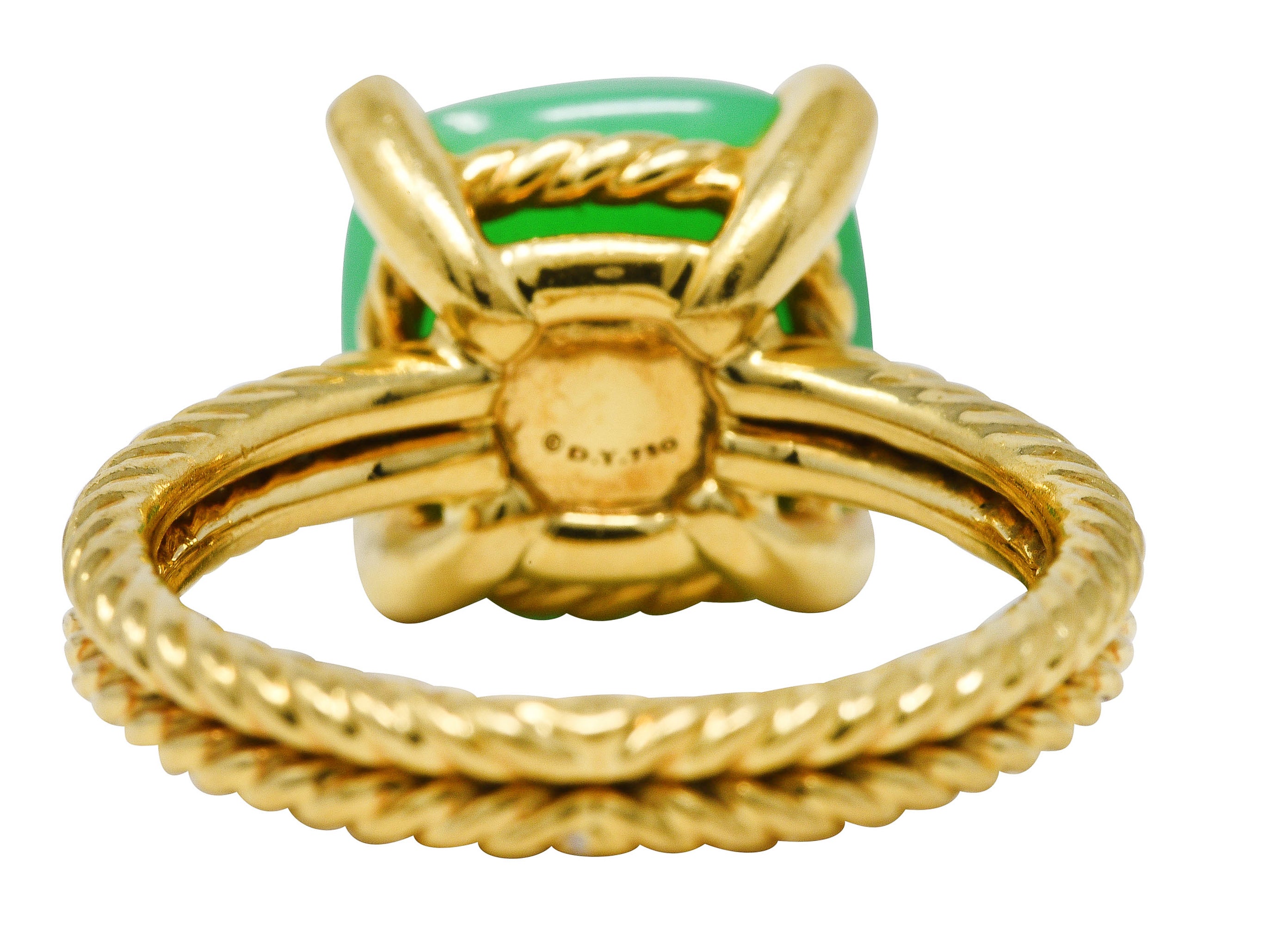 David Yurman Chrysoprase Cabochon Diamond 18 Karat Yellow Gold Chatelaine Gemstone Ring Wilson's Estate Jewelry