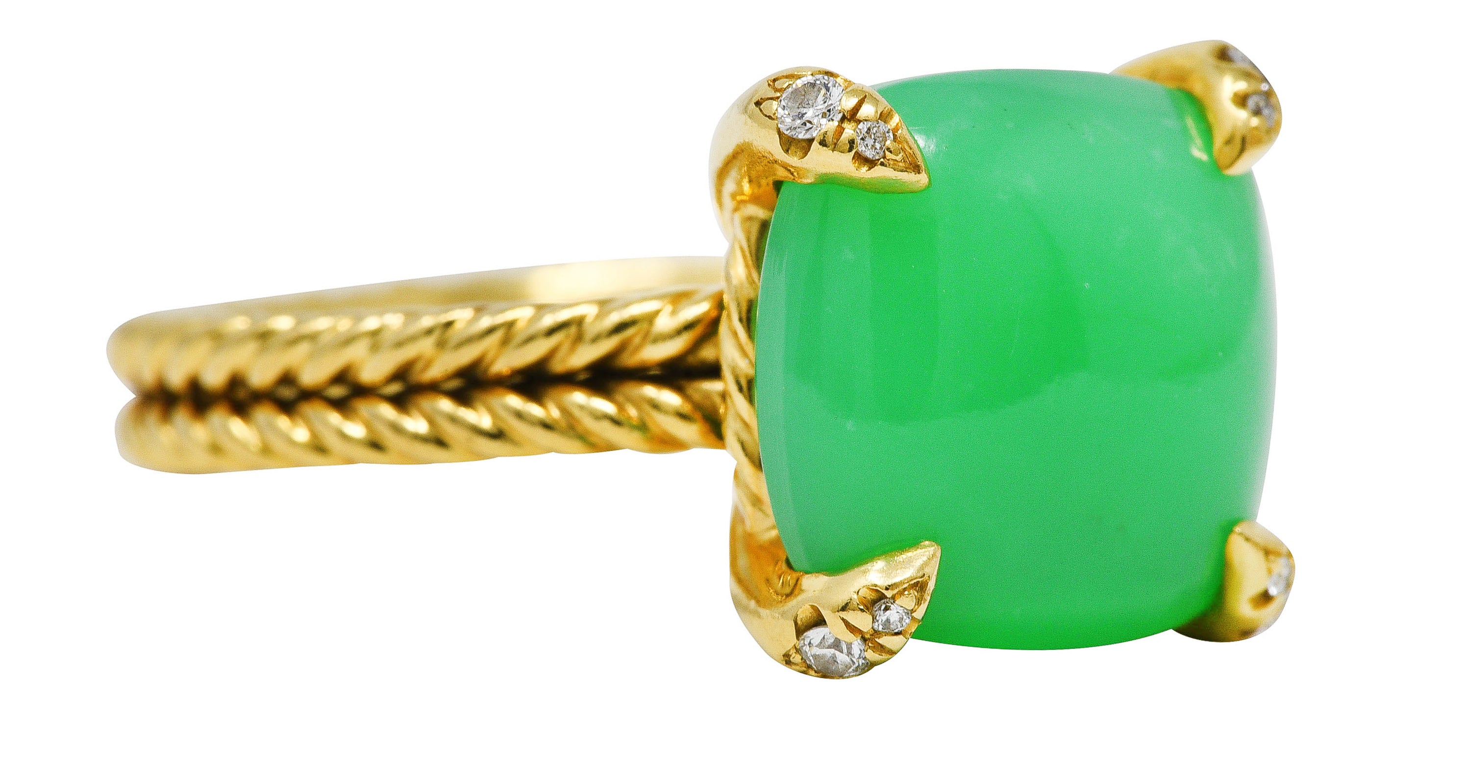 David Yurman Chrysoprase Cabochon Diamond 18 Karat Yellow Gold Chatelaine Gemstone Ring Wilson's Estate Jewelry