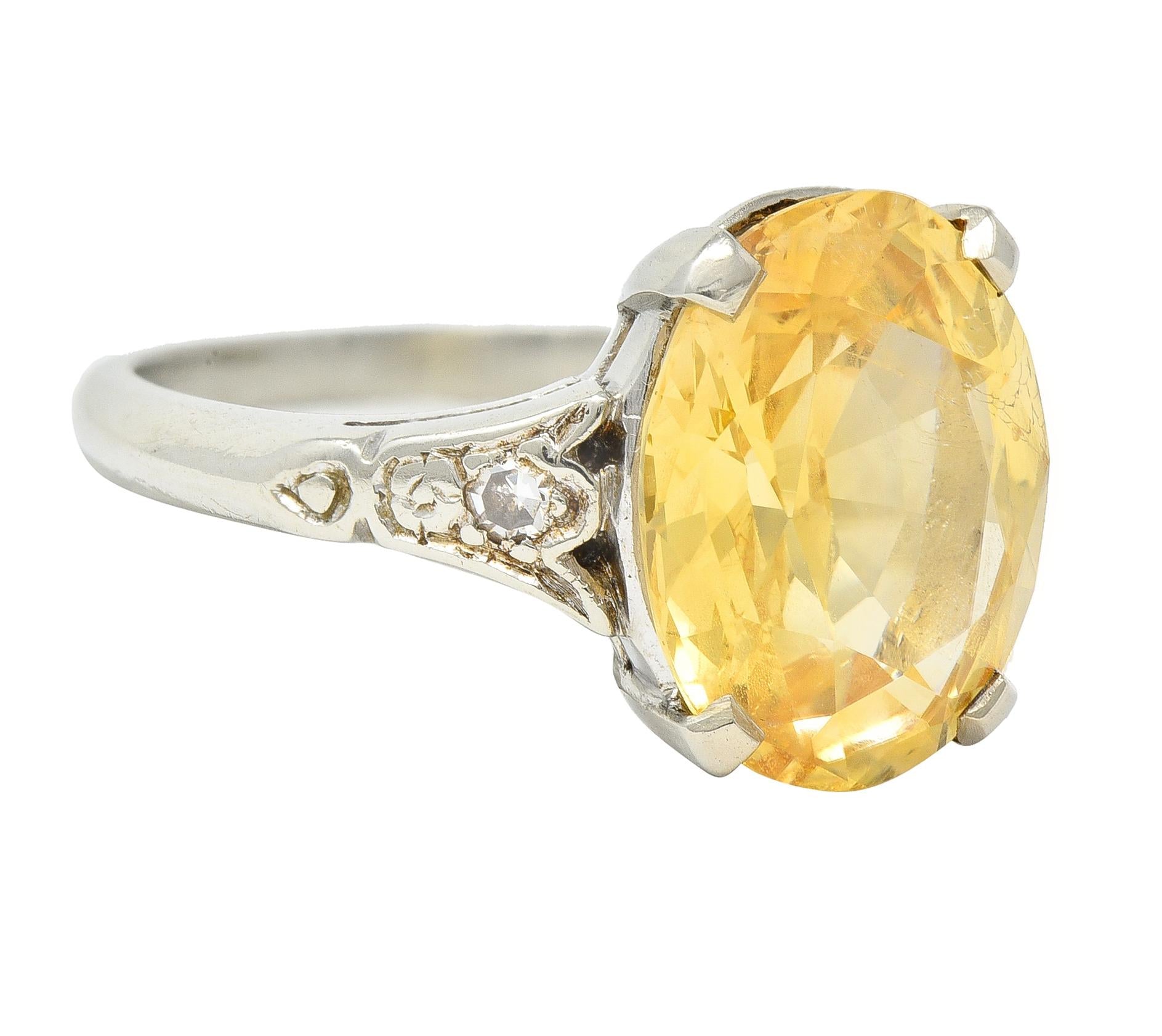 Art Deco 5.22 CTW Yellow Ceylon Sapphire Diamond 14 Karat Gold  Antique Ring GIA