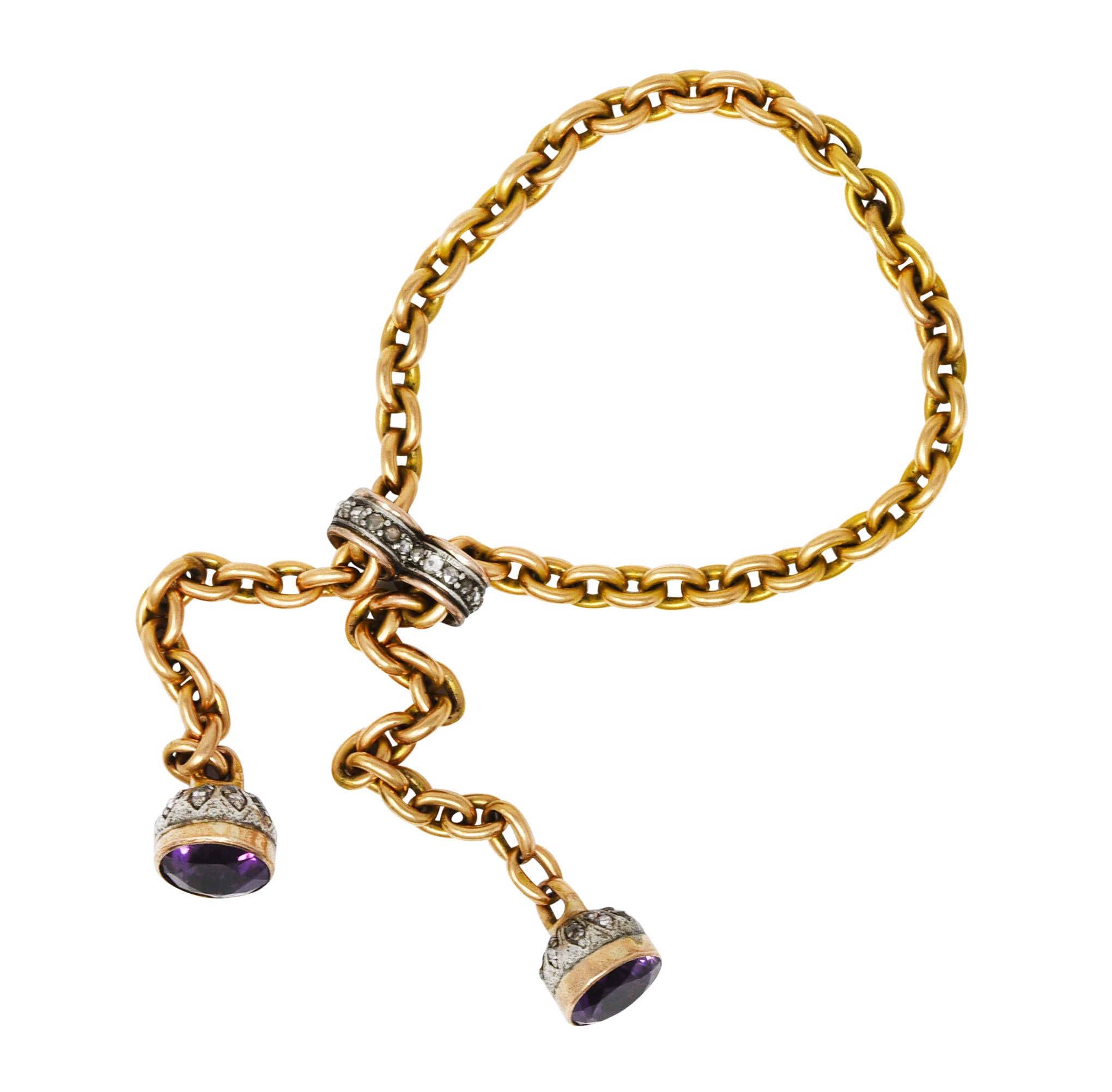 French Georgian Amethyst Diamond Silver-Topped 18 Karat Yellow Gold Slide Lariat Antique Chain Bracelet Wilson's Estate Jewelry