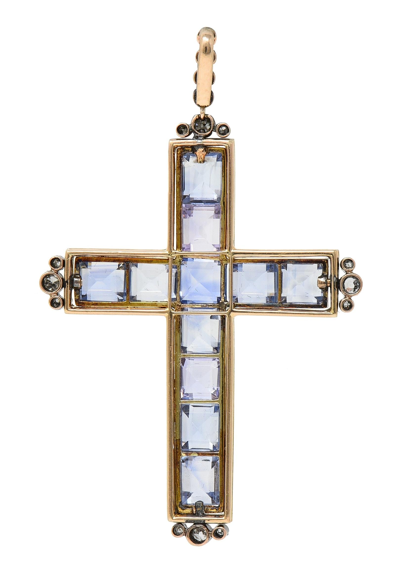 Victorian 20.87 CTW Sapphire Diamond Enamel Silver 14 Karat Gold Cross Pendant