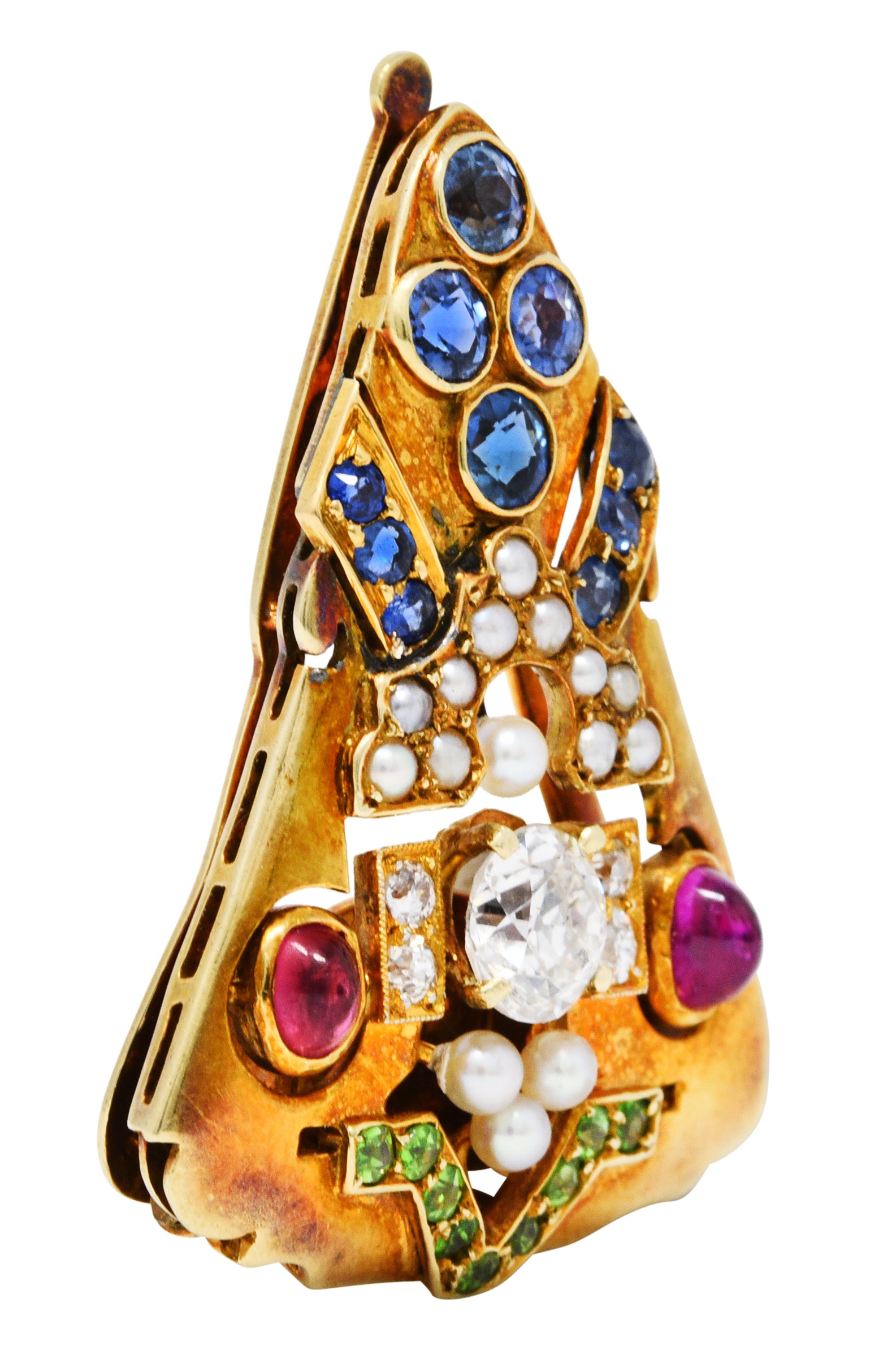 Art Deco Diamond Sapphire Ruby Pearl 14 Karat Gold Brooch ClipBrooch - Wilson's Estate Jewelry