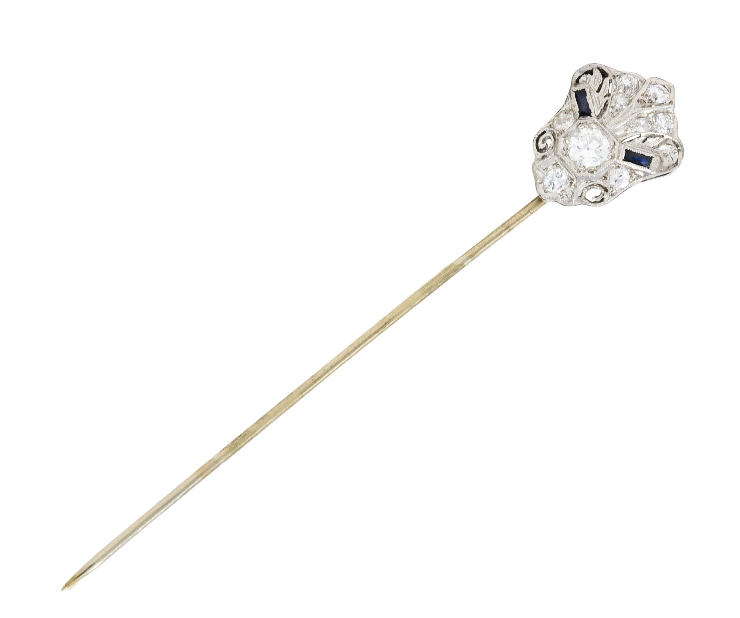 Art Deco Sapphire 0.57 CTW Diamond Platinum Cartouche StickpinStick Pin - Wilson's Estate Jewelry