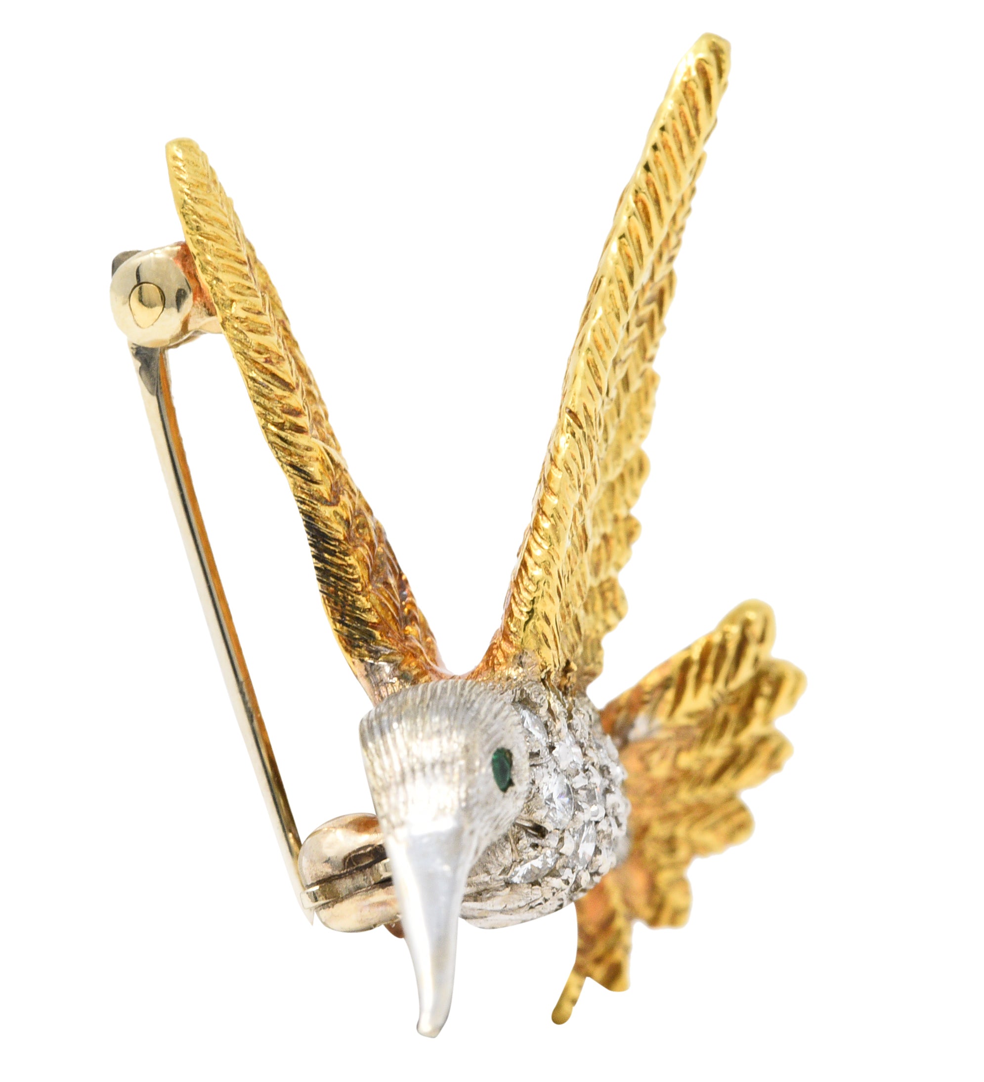 1970's Vintage Emerald Diamond 18 Karat Two-Tone Gold Hummingbird BroochBrooch - Wilson's Estate Jewelry