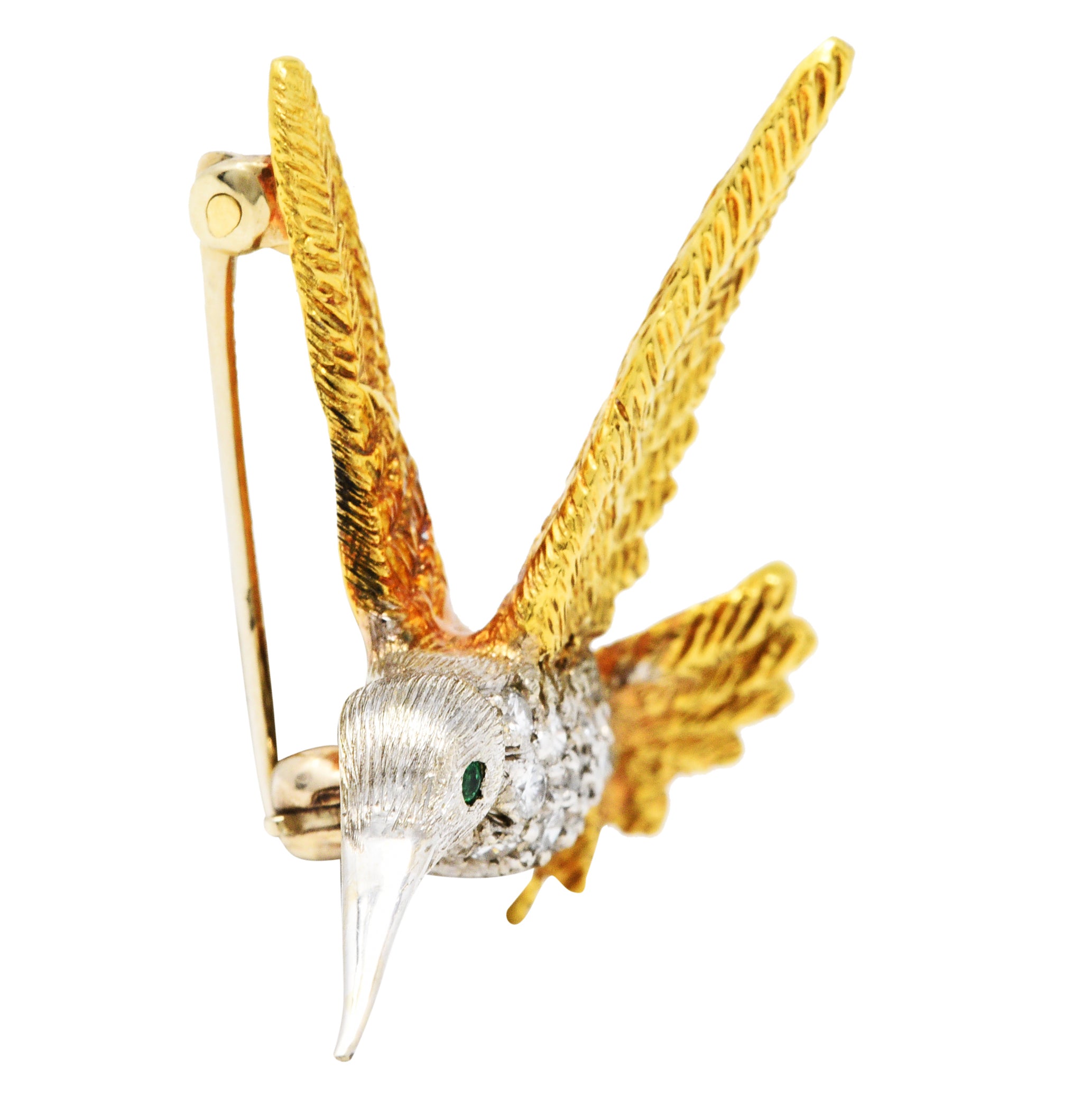 1970's Vintage Emerald Diamond 18 Karat Two-Tone Gold Hummingbird BroochBrooch - Wilson's Estate Jewelry