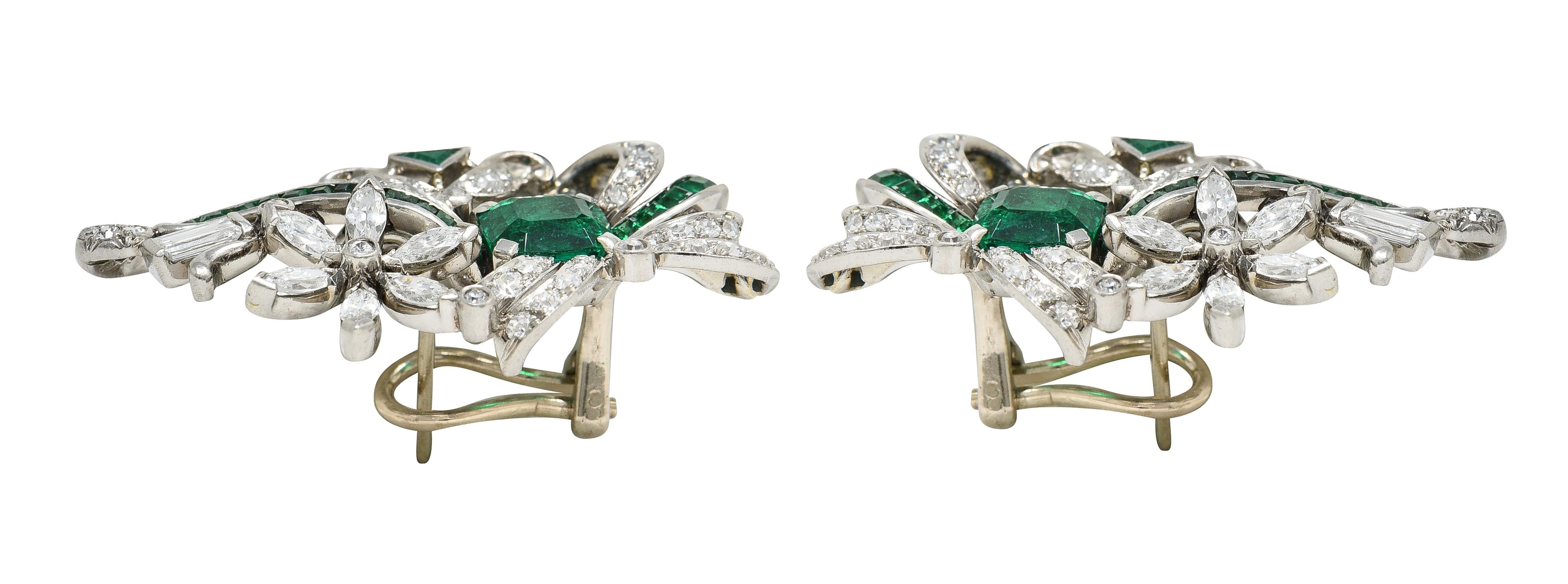 Mid-Century 4.54 Carat Emerald Diamond 14 Karat White Gold Vintage Earrings