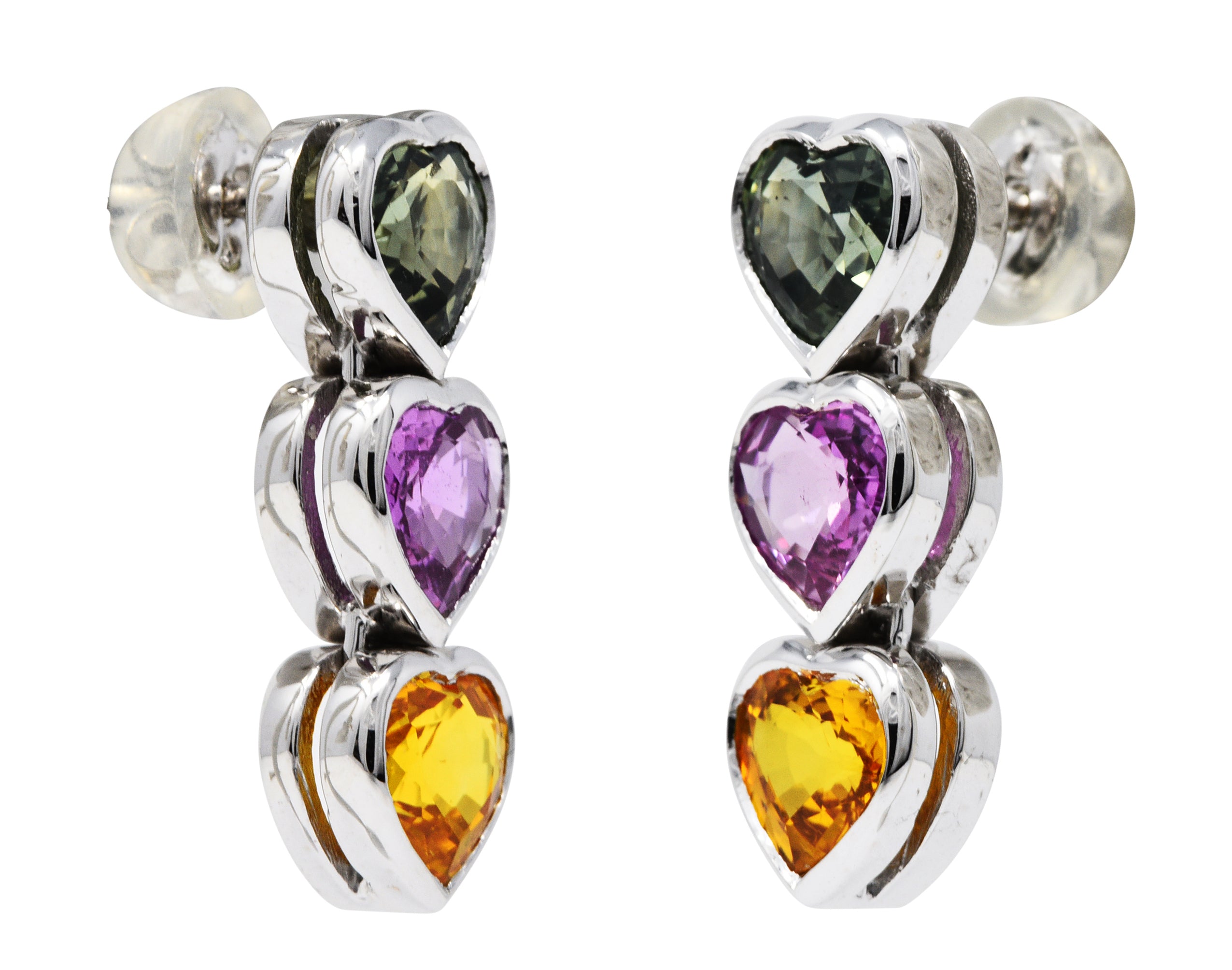 Contemporary 4.10 CTW Fancy Colored Sapphire 18 Karat White Gold Heart Drop EarringsEarrings - Wilson's Estate Jewelry