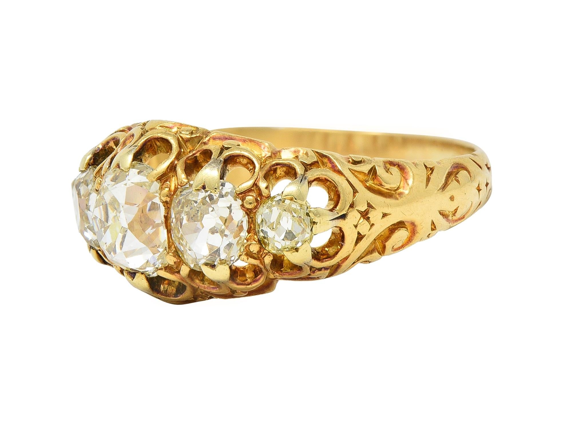 Victorian 1.98 CTW Old Mine Cut Diamond 14 Karat Gold Five Stone Band Ring