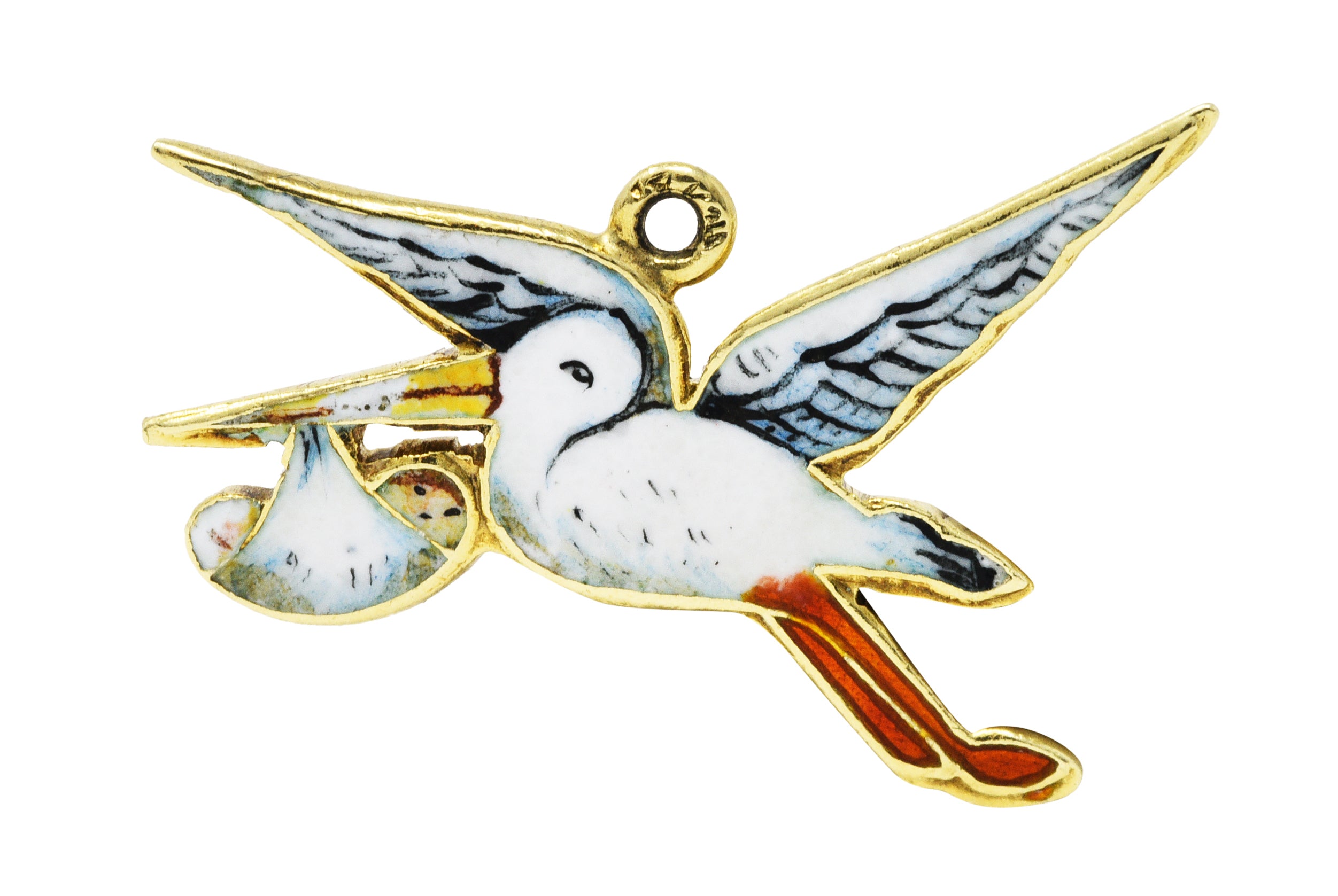 Retro Enamel 14 Karat Gold Stork Delivery Charmcharm - Wilson's Estate Jewelry