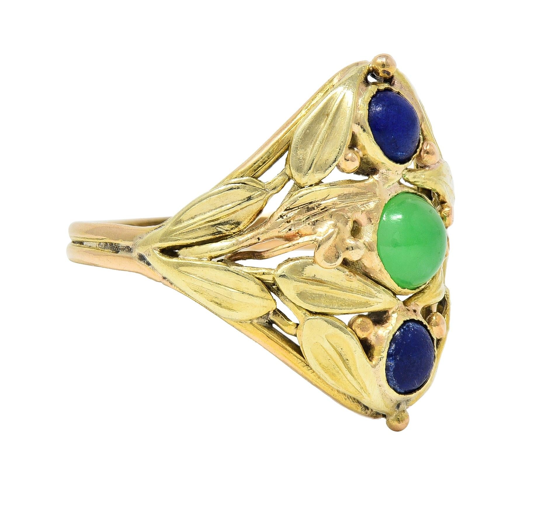 Arts & Crafts Jade Lapis Lazuli 14 Karat Two-Tone Gold Foliate Navette Ring