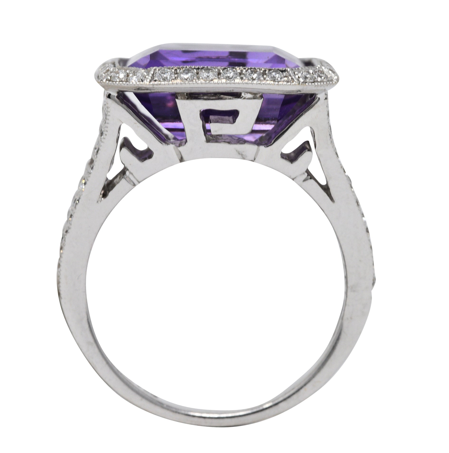 Contemporary Amethyst Diamond 18 Karat White Gold Greek Key RingRing - Wilson's Estate Jewelry