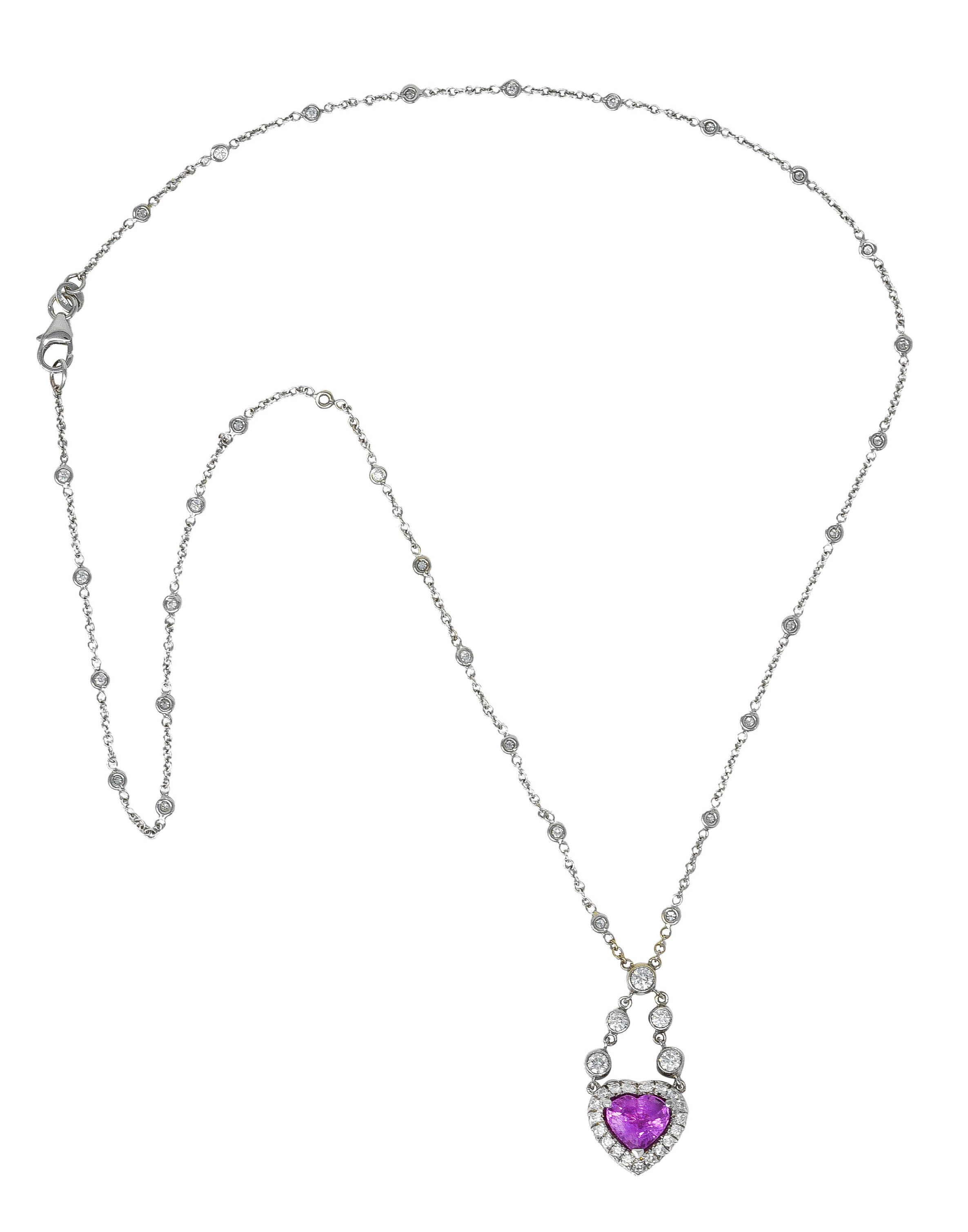 Contemporary 4.50 CTW Pink Sapphire Pavè Diamond 18 Karat White Gold Swagged Chain Reversible Heart Necklace Wilson's Estate Jewelry