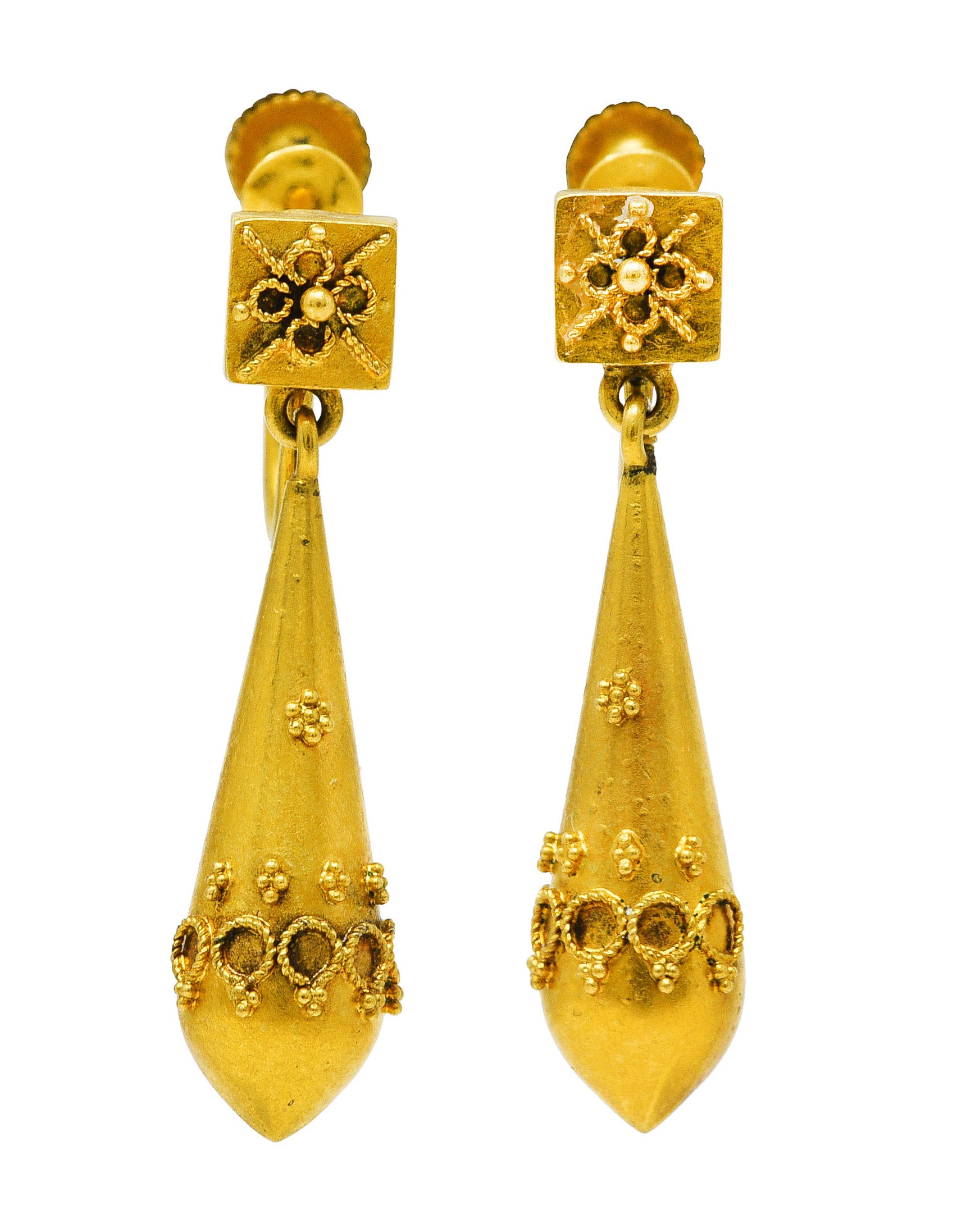 Victorian Etruscan Revival 14 Karat Yellow Gold Screw-Back Antique Earrings Wilson's Estate Jewelry