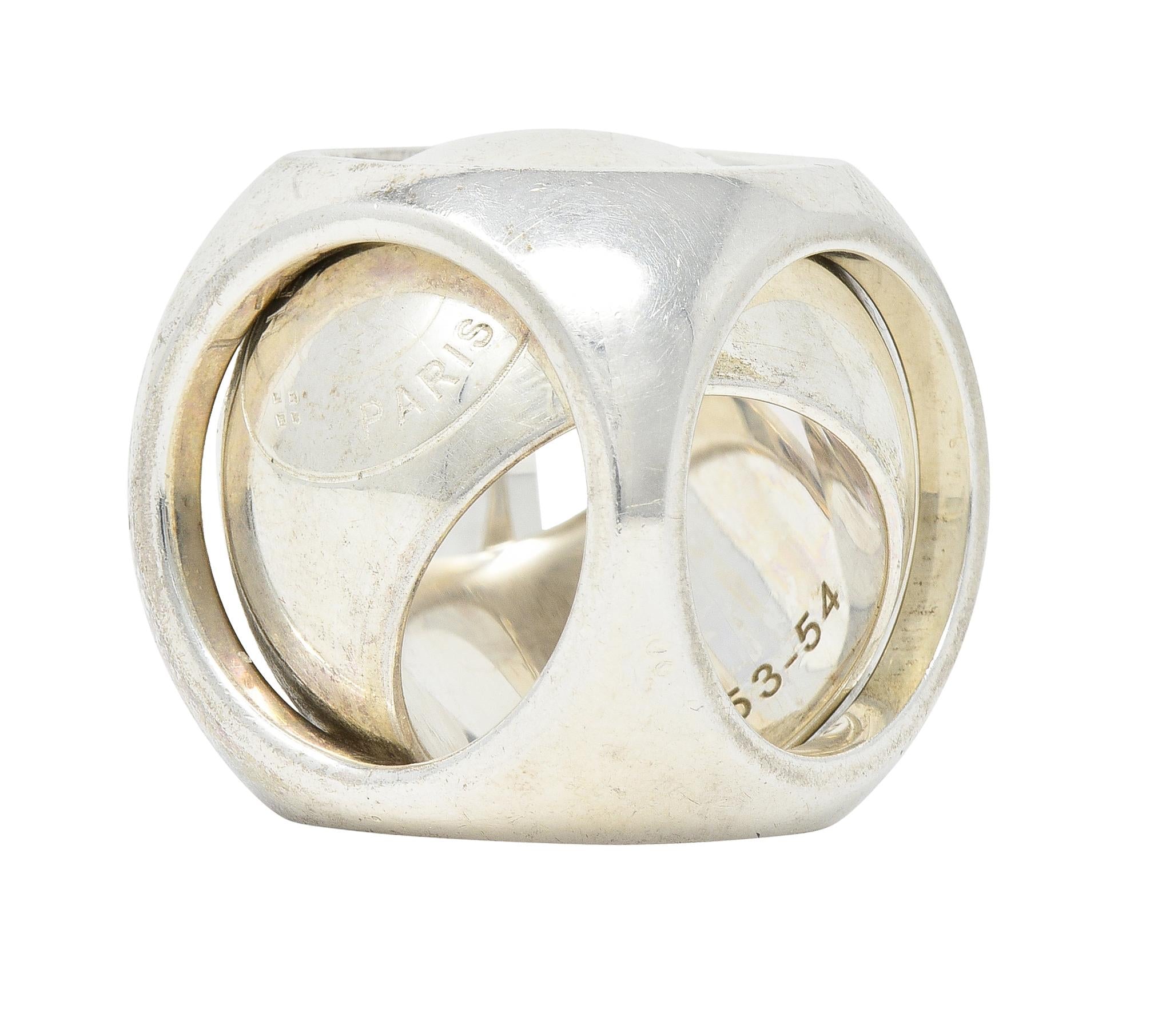 Hermés Paris Modernist Sterling Silver Spinning Cube Vintage Ring