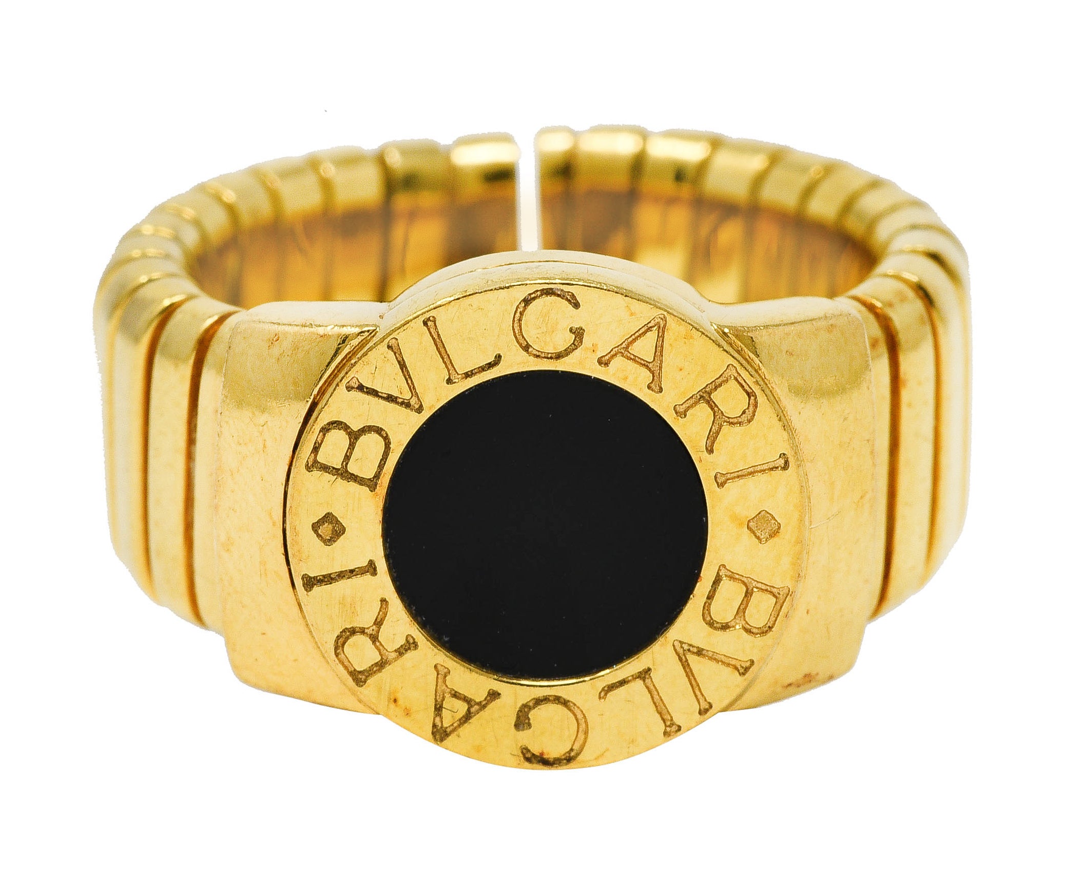 Bulgari Onyx 18 Karat Yellow Gold Tubogas Vintage Ring Wilson's Estate Jewelry