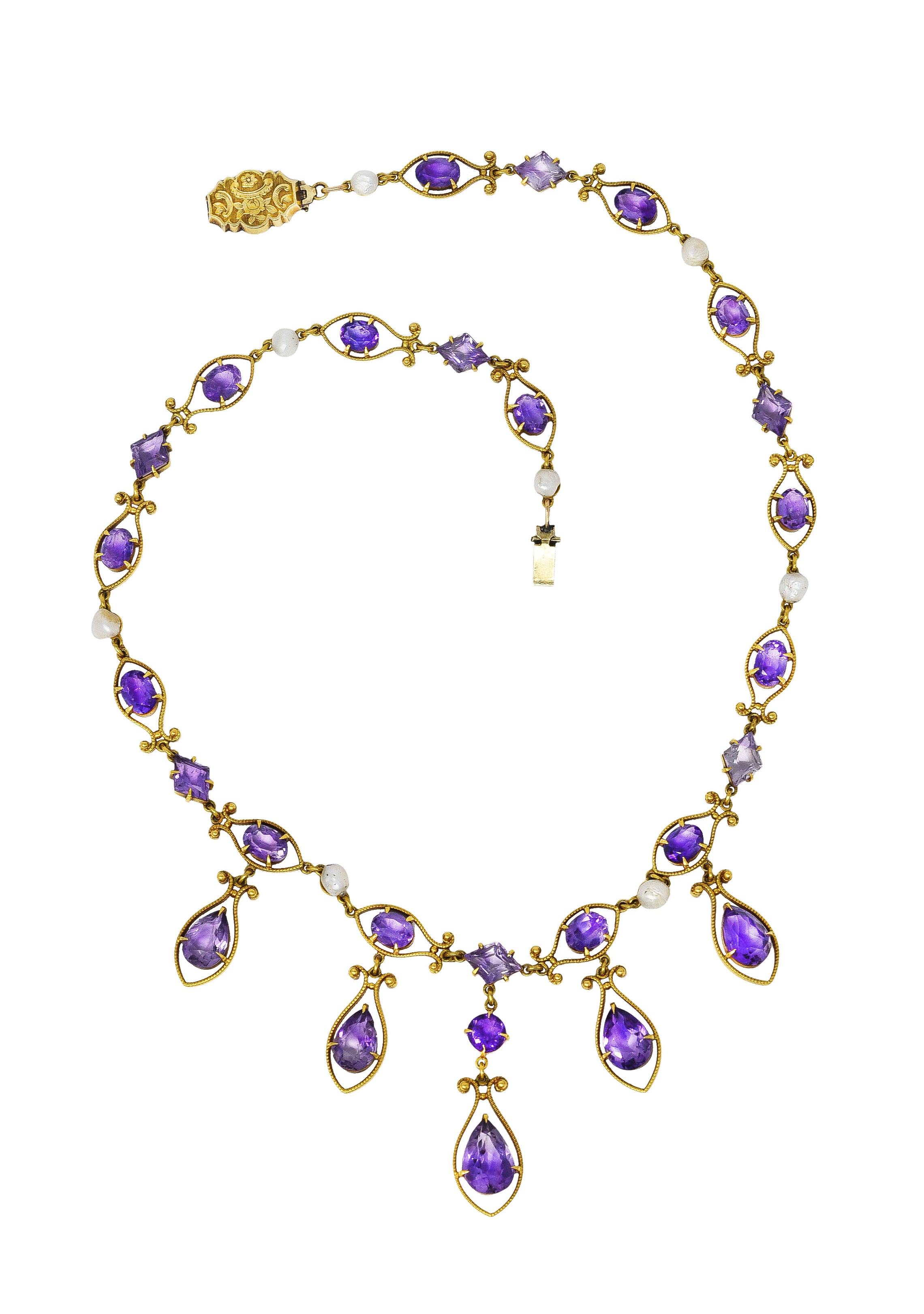 Victorian Amethyst Tourmaline Pearl 14 Karat Yellow Gold Filigree Drop NecklaceNecklace - Wilson's Estate Jewelry