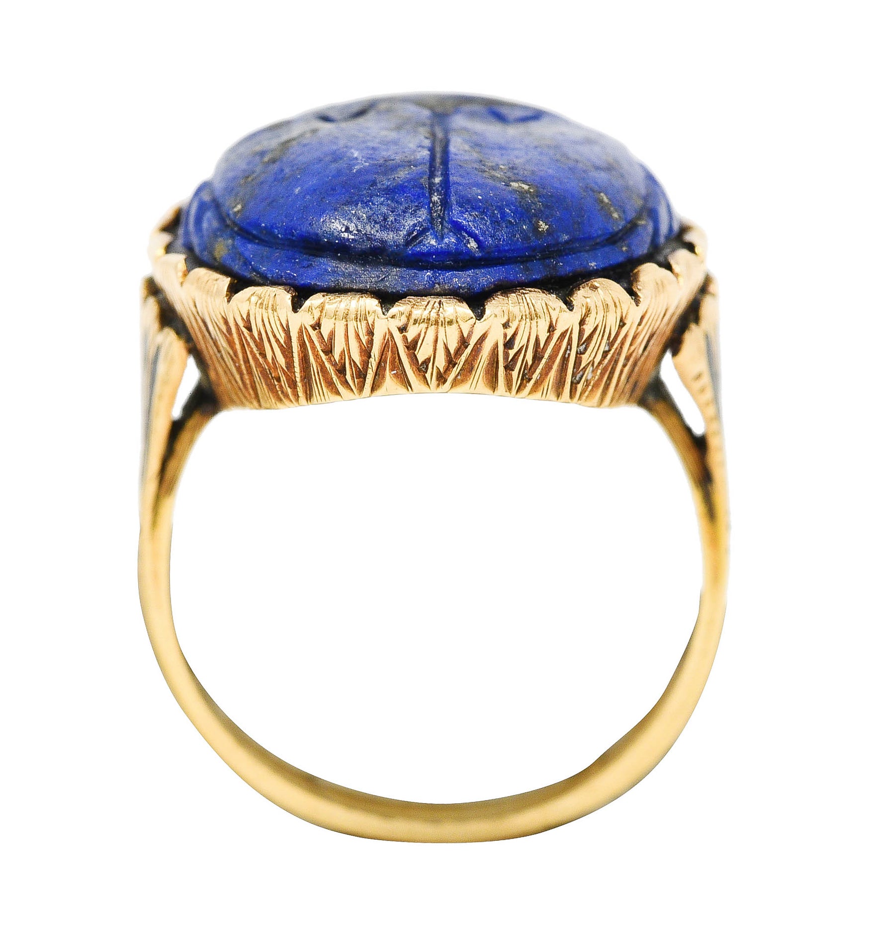 Vintage Etruscan Revival Lapis Lazuli 14 Karat Yellow Gold Scarab Antique Ring Wilson's Estate Jewelry