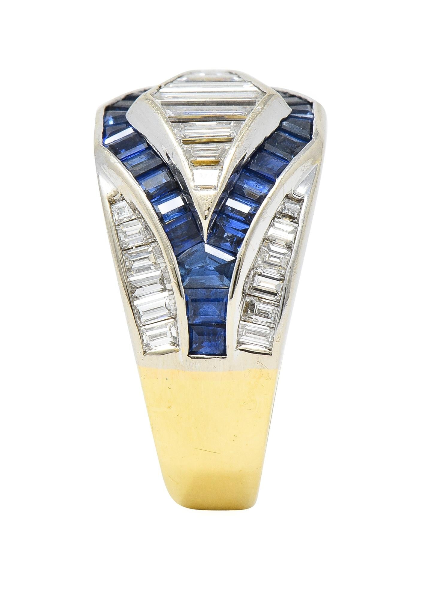 1990's 3.86 CTW Sapphire Diamond 18 Karat Two-Tone Gold Channel Band Ring