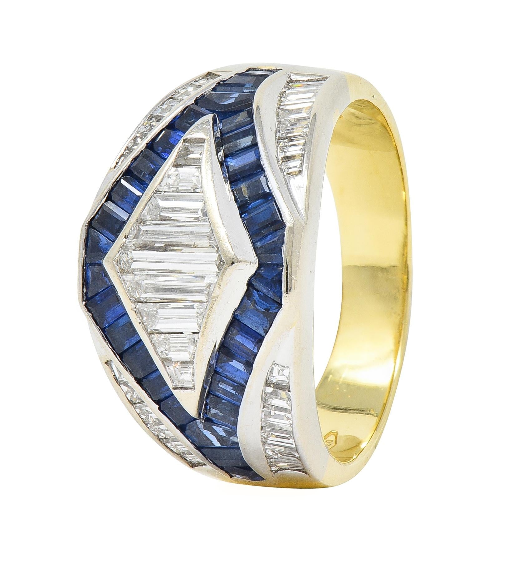 1990's 3.86 CTW Sapphire Diamond 18 Karat Two-Tone Gold Channel Band Ring