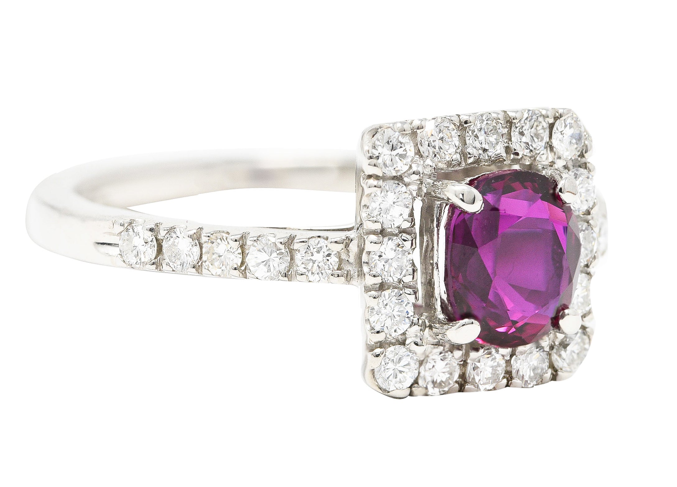 Contemporary 1.47 CTW Cushion Cut Ruby Diamond Platinum Square Halo Ring Wilson's Estate Jewelry