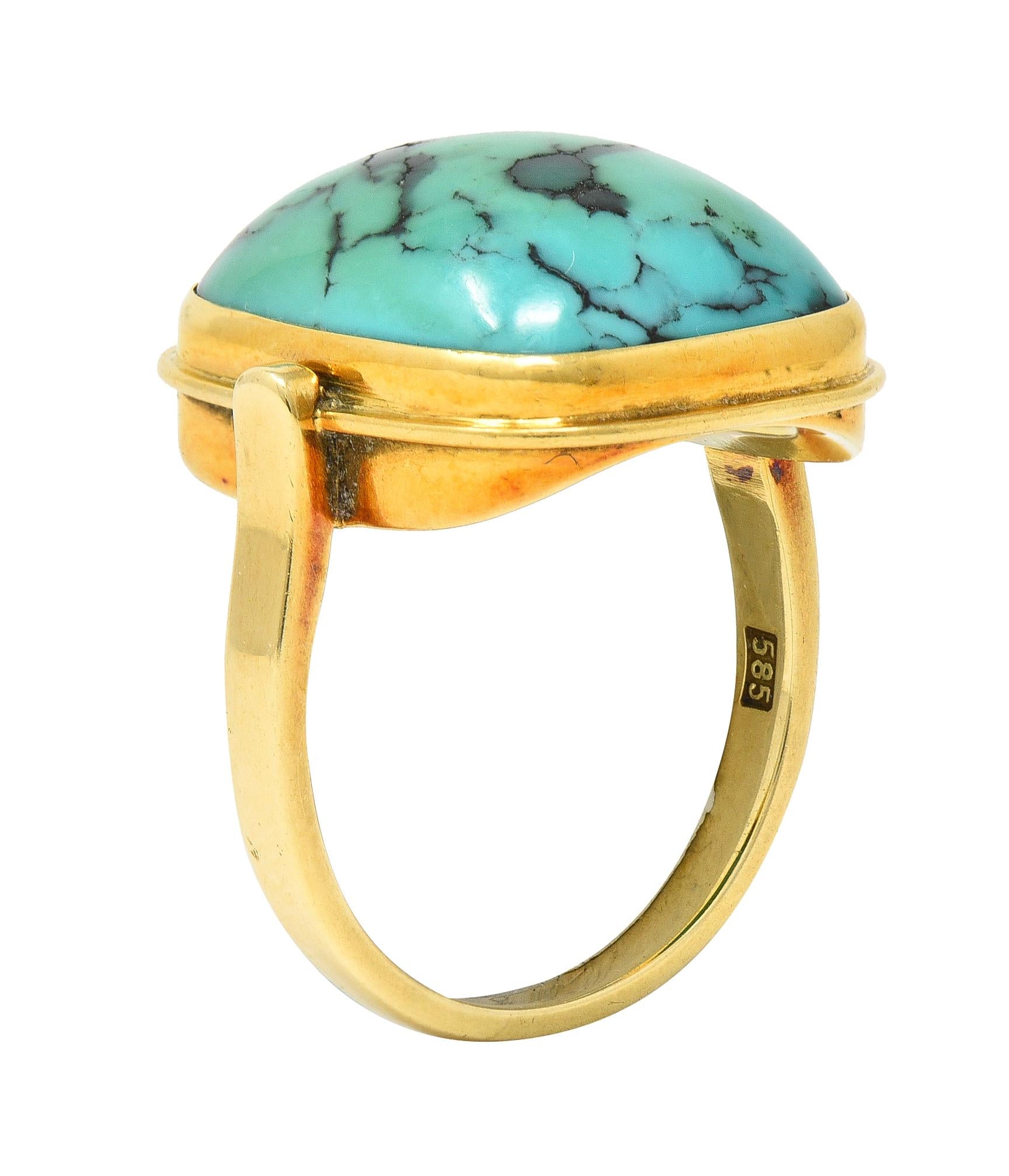 Modernist Turquoise Cabochon 14 Karat Yellow Gold Vintage Signet Ring