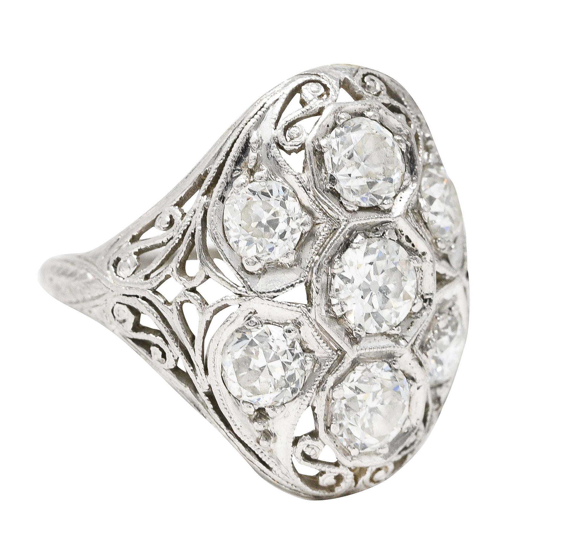 Edwardian 1.93 CTW Old European Cut Diamond Platinum Scrolling  Antique Clustered Dinner Ring Wilson's Estate Jewelry