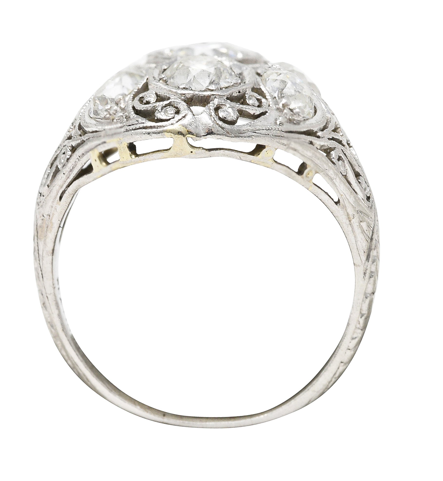 Edwardian 1.93 CTW Old European Cut Diamond Platinum Scrolling  Antique Clustered Dinner Ring Wilson's Estate Jewelry