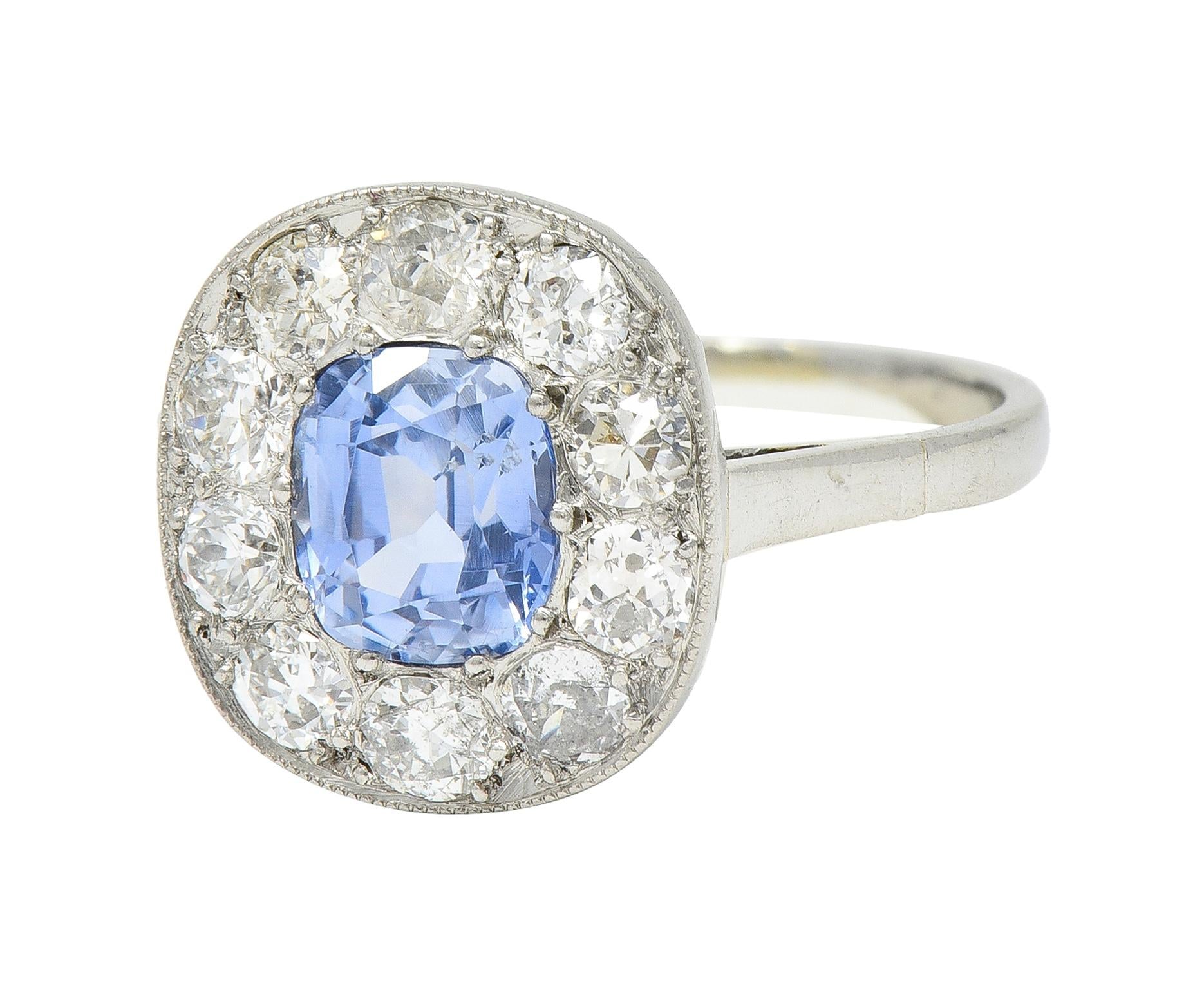 Art Deco French 2.18 CTW No Heat Sapphire Diamond Platinum Halo Ring GIA