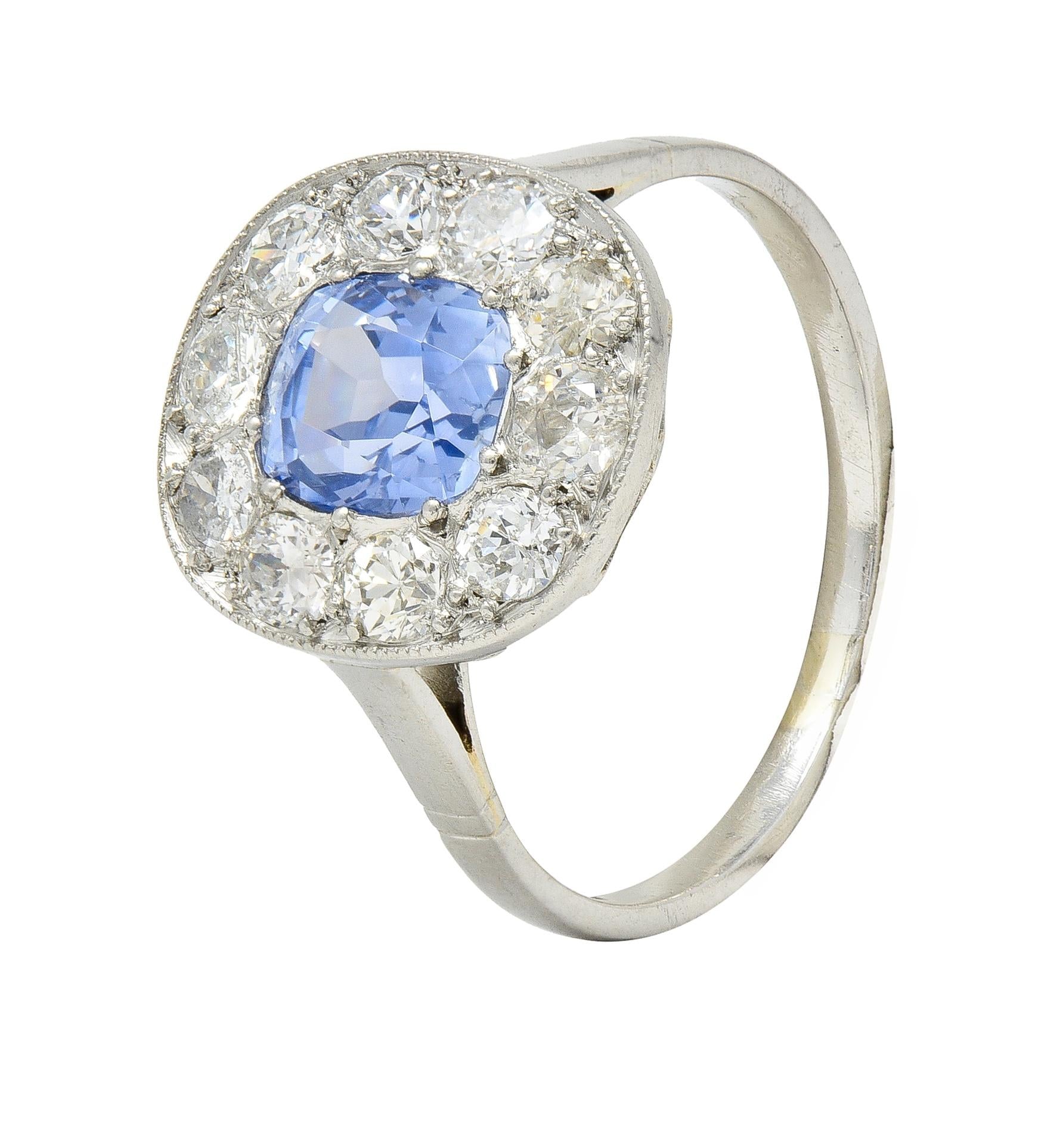 Art Deco French 2.18 CTW No Heat Sapphire Diamond Platinum Halo Ring GIA