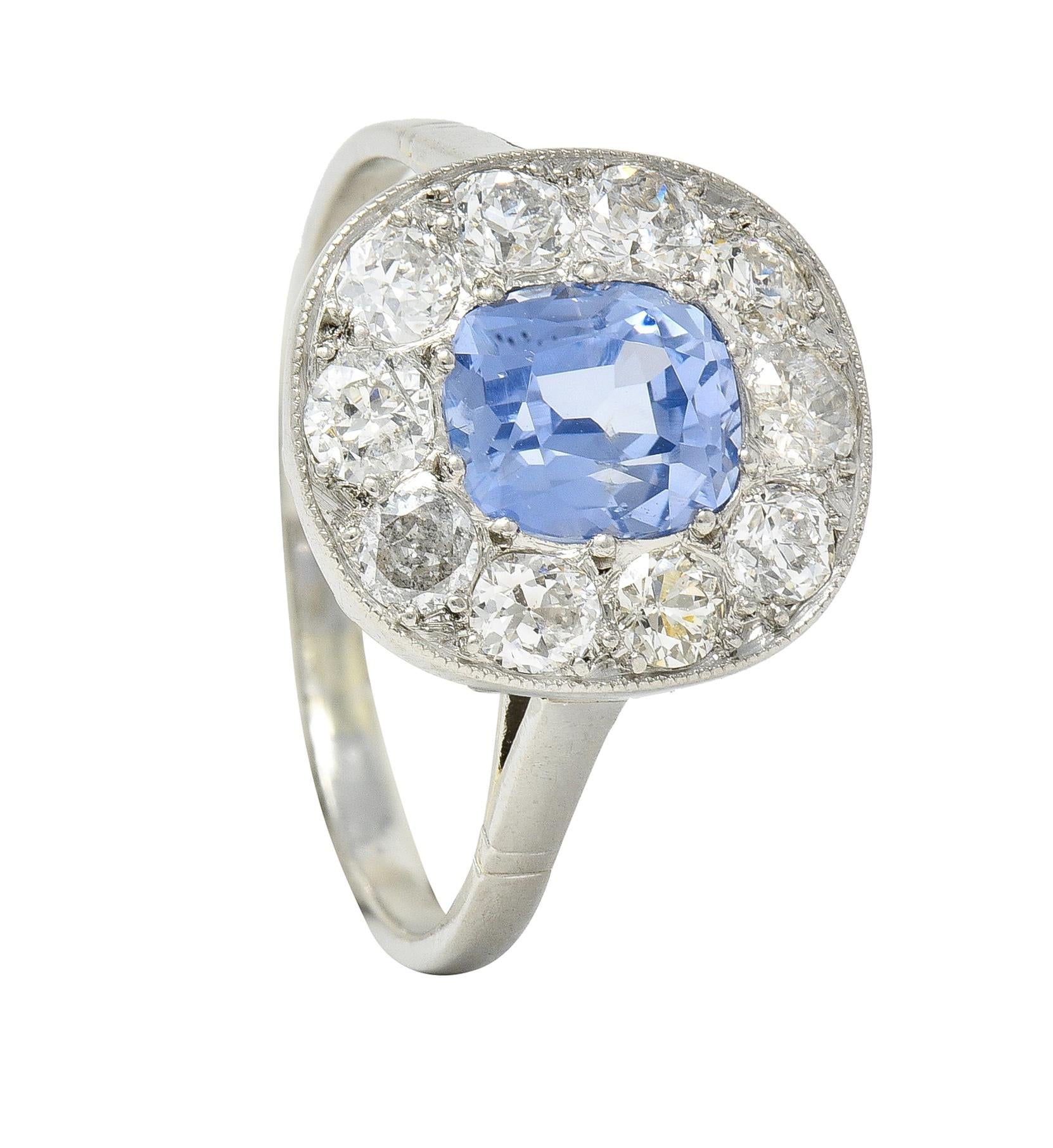 Art Deco French 2.18 CTW No Heat Sapphire Diamond Platinum Halo Ring GIA