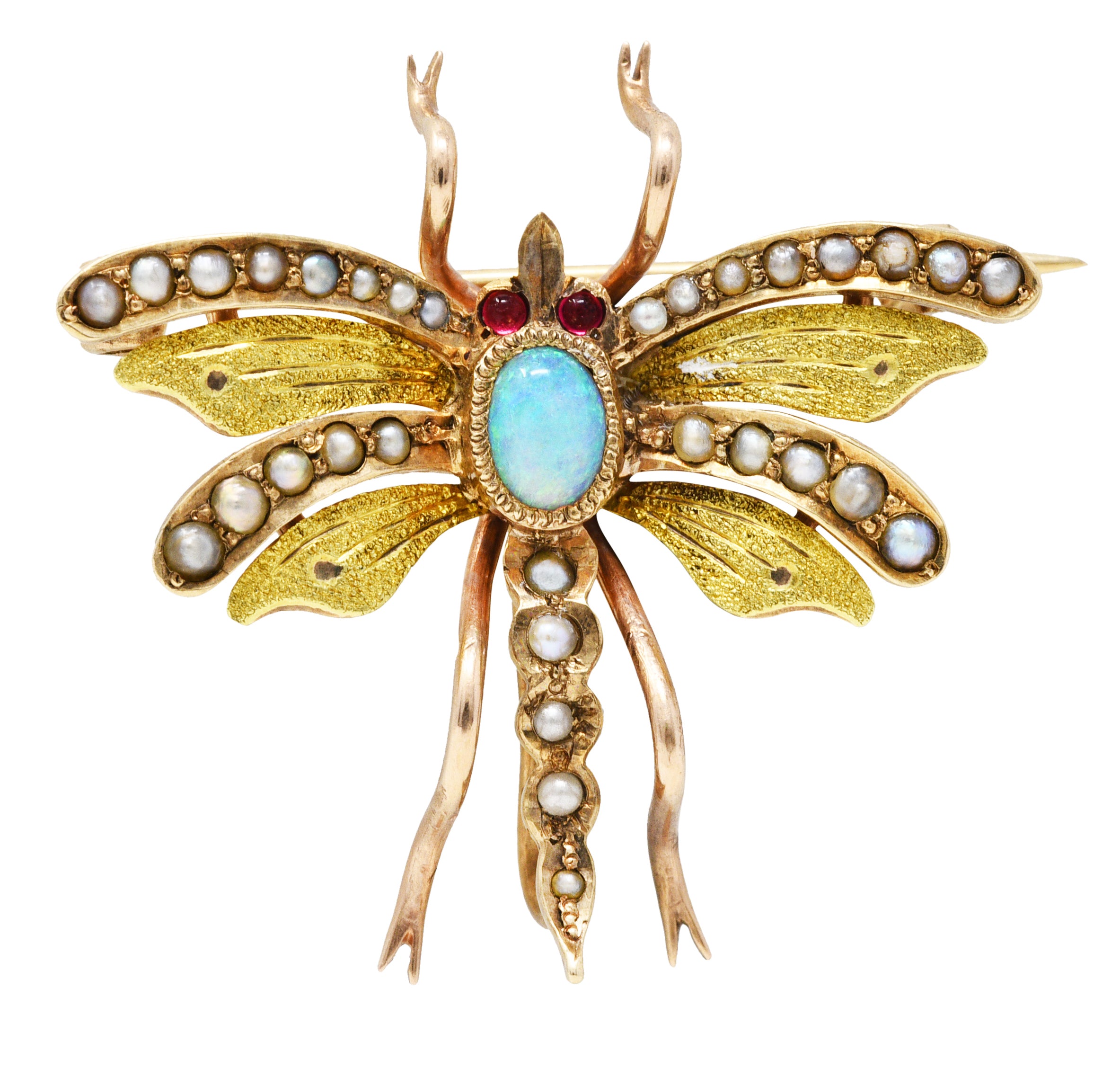 Art Nouveau Opal Pearl 14 Karat Two-Tone Gold Antique Insect Pendant Brooch Wilson's Estate Jewelry