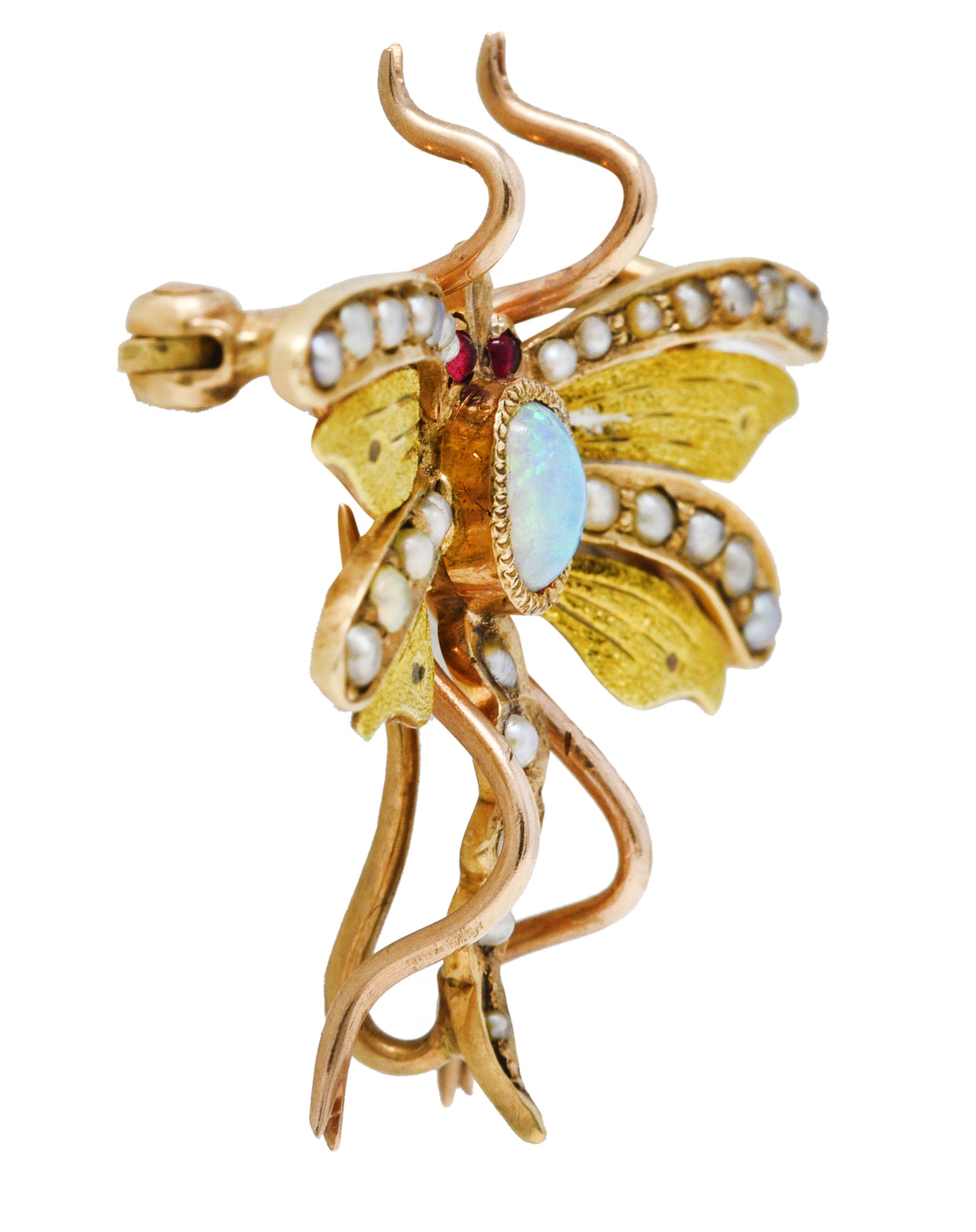 Art Nouveau Opal Pearl 14 Karat Two-Tone Gold Antique Insect Pendant Brooch Wilson's Estate Jewelry