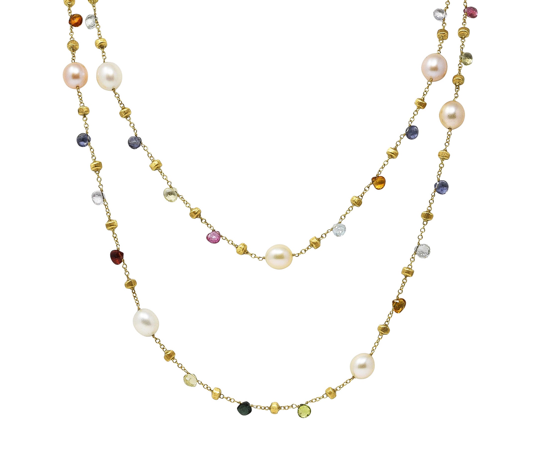 Marco Bicego Contemporary Cultured Pearl Citrine Topaz Multi Gemstone 18 Karat Yellow Gold 46 IN Long Gemstone Confetti Necklace Wilson's Estate Jewelry