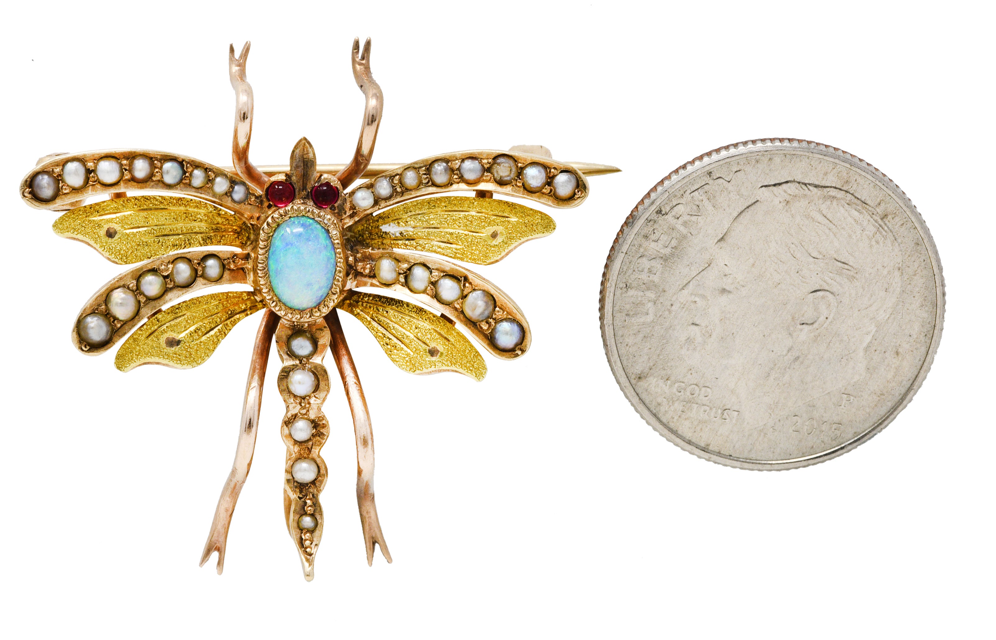 Art Nouveau Opal Pearl 14 Karat Two-Tone Gold Antique Insect Pendant Brooch Wilson's Estate Jewelry