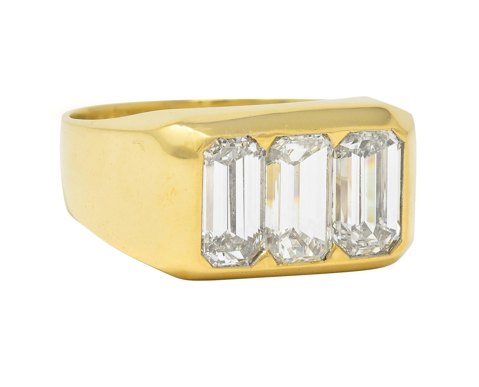 3.48 CTW Flush Emerald Cut Diamond 18 Karat Yellow Gold Vintage Three Stone Ring