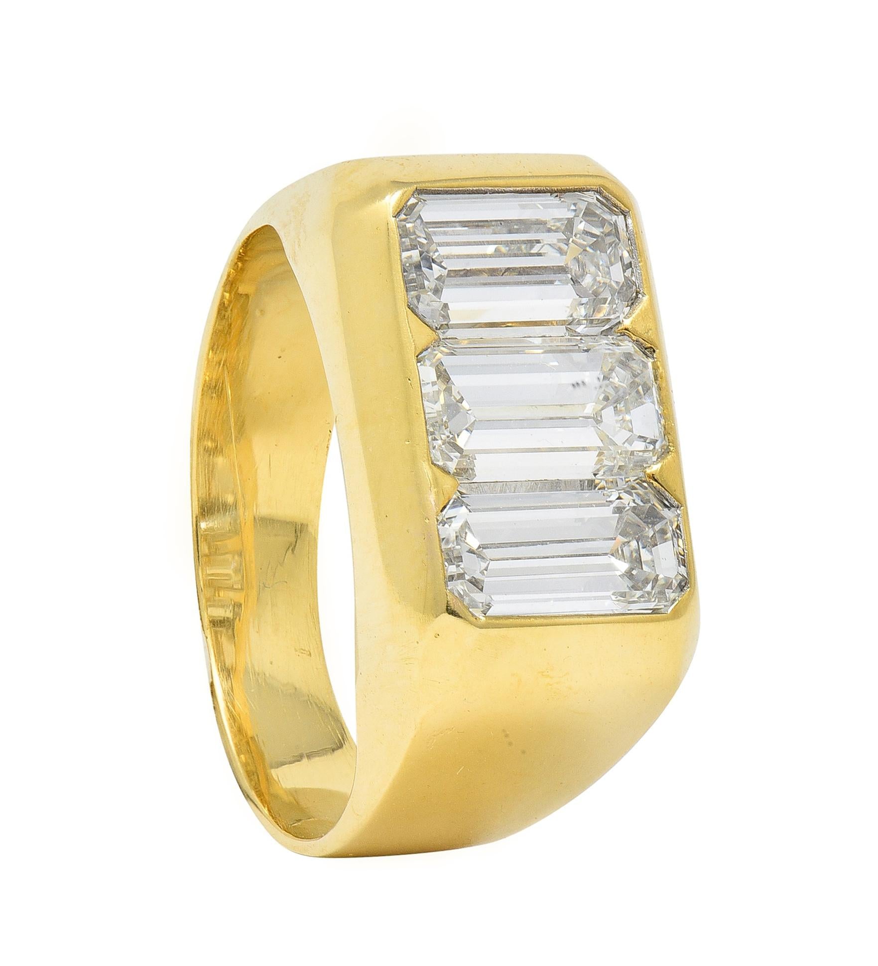 3.48 CTW Flush Emerald Cut Diamond 18 Karat Yellow Gold Vintage Three Stone Ring