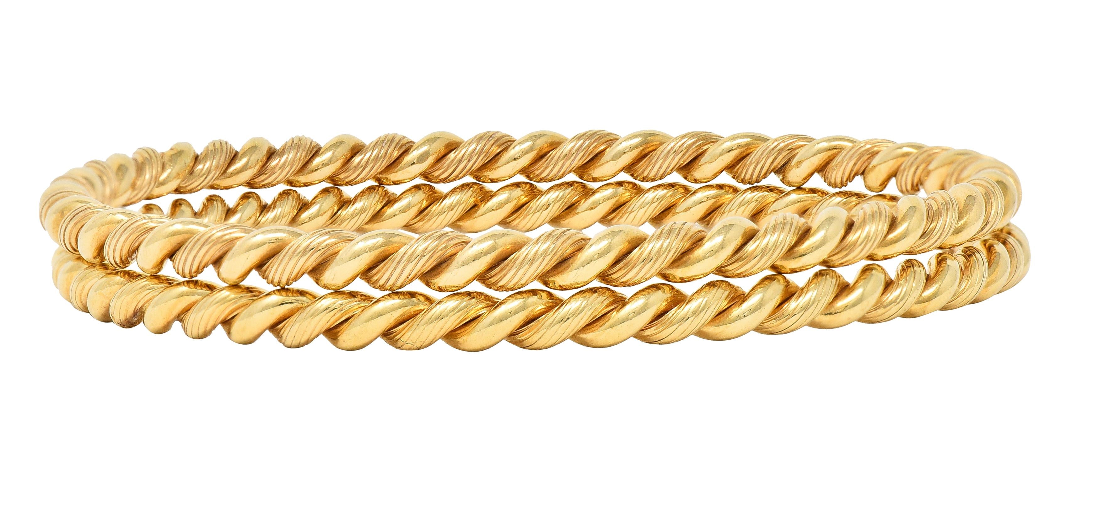 Tiffany & Co. 1960's 14 Karat Gold Twisted Rope Vintage Bangle Bracelet Set