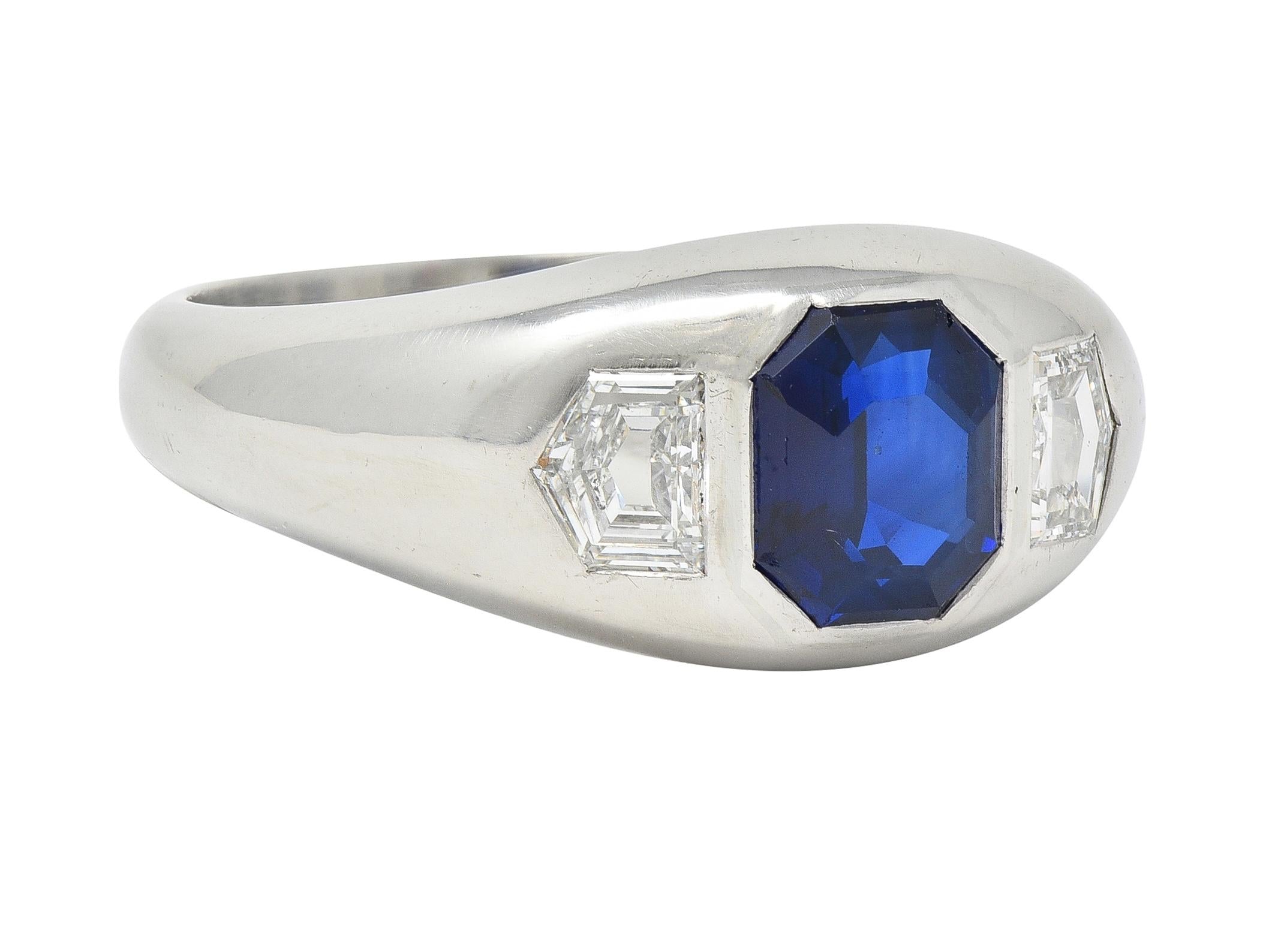 Mid-Century 3.07 CTW No Heat Sapphire Diamond Platinum Three Stone Ring GIA