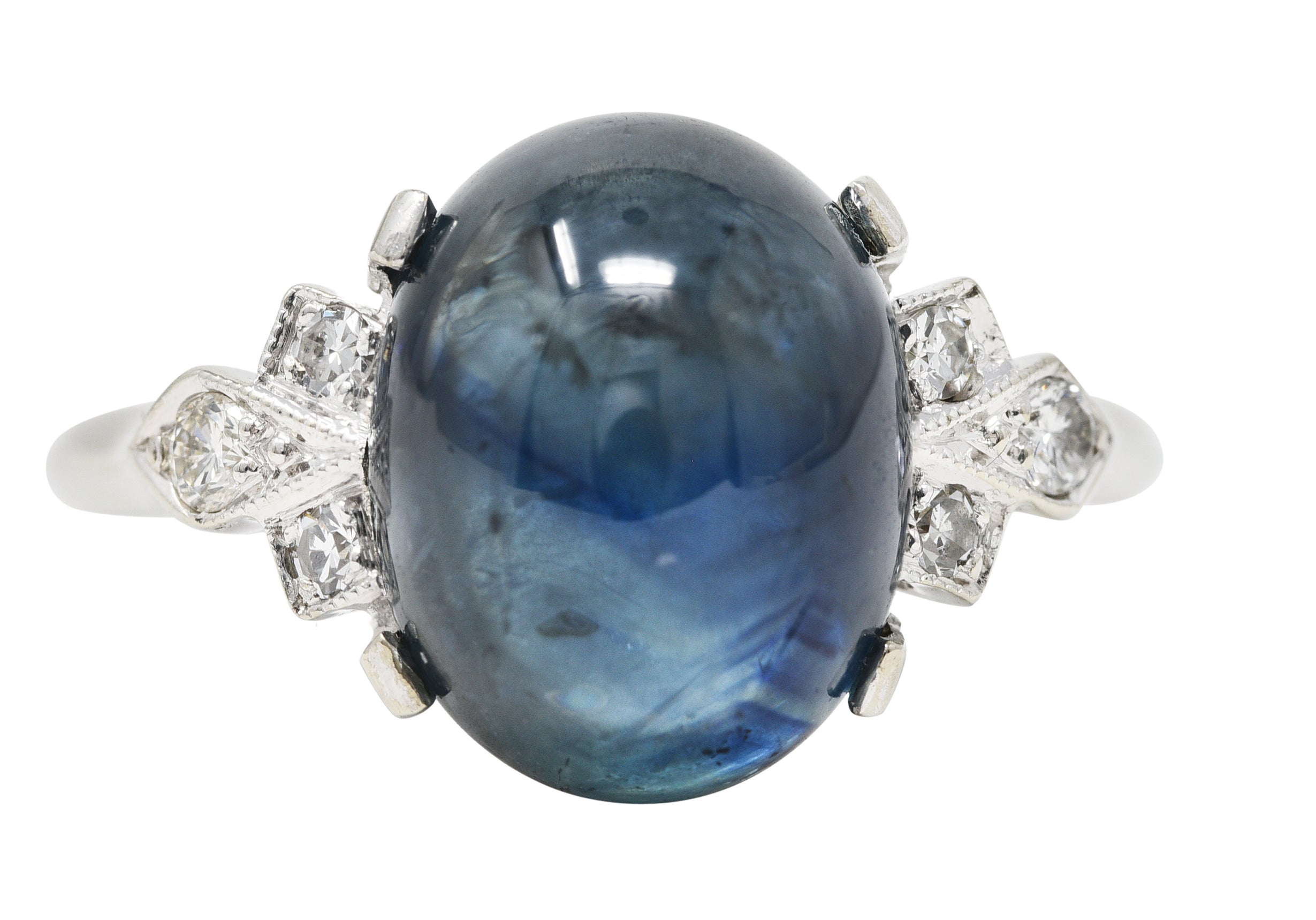 Contemporary 9.80 CTW Sapphire Cabochon Diamond 14 Karat White Gold Gemstone Ring Wilson's Estate Jewelry