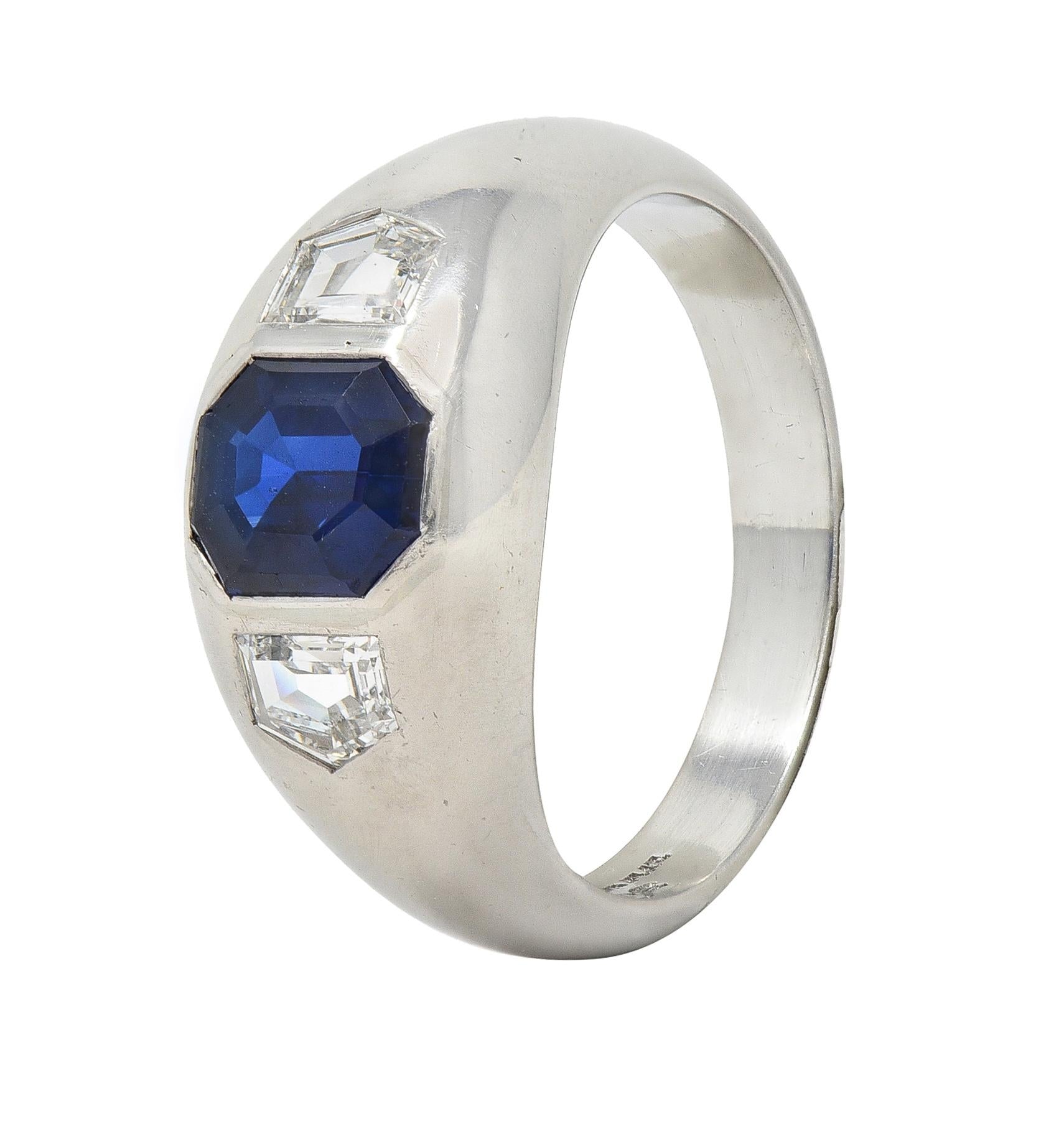 Mid-Century 3.07 CTW No Heat Sapphire Diamond Platinum Three Stone Ring GIA