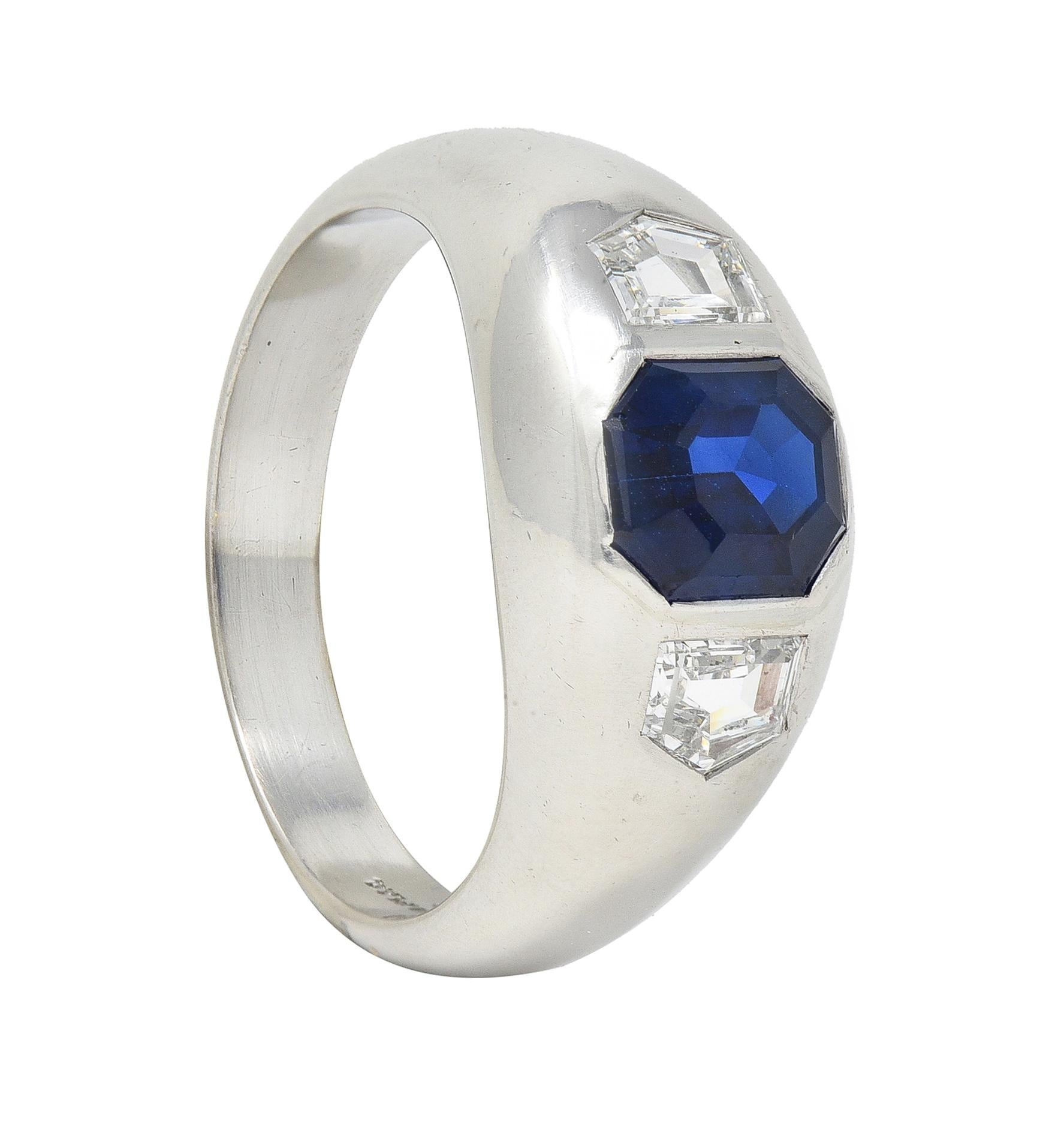 Mid-Century 3.07 CTW No Heat Sapphire Diamond Platinum Three Stone Ring GIA