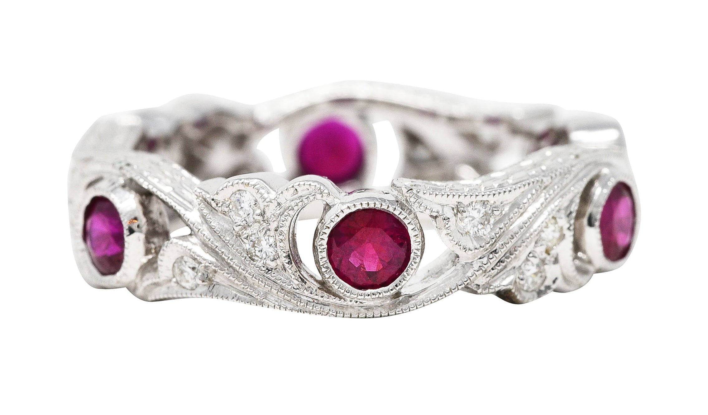 Contemporary 1.05 CTW Ruby Diamond 18 Karat White Gold Ginkgo Band RingRings - Wilson's Estate Jewelry