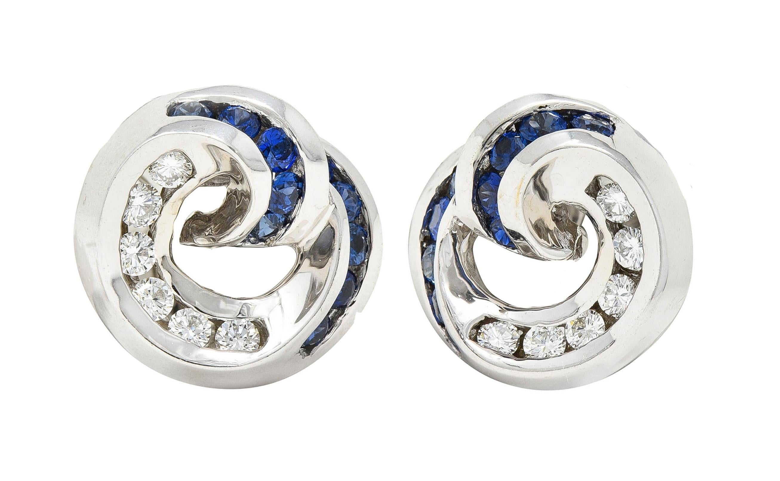 Charles Krypell Vintage Sapphire Diamond 18 Karat White Gold Swirl Earrings