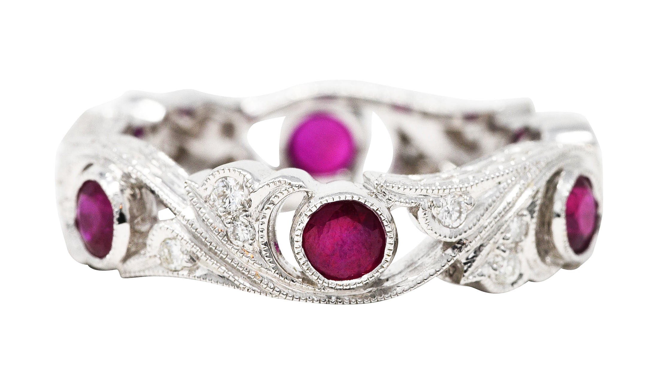 Contemporary 1.05 CTW Ruby Diamond 18 Karat White Gold Ginkgo Band RingRings - Wilson's Estate Jewelry